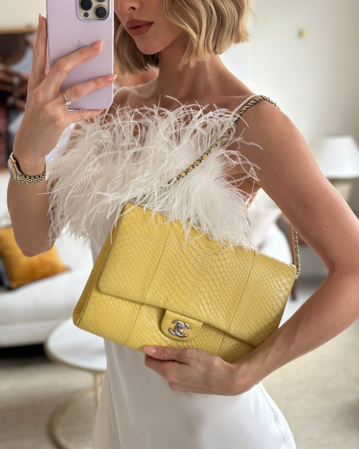 Chanel Light Yellow Timeless Clutch on Chain in Python with Silver Hardware