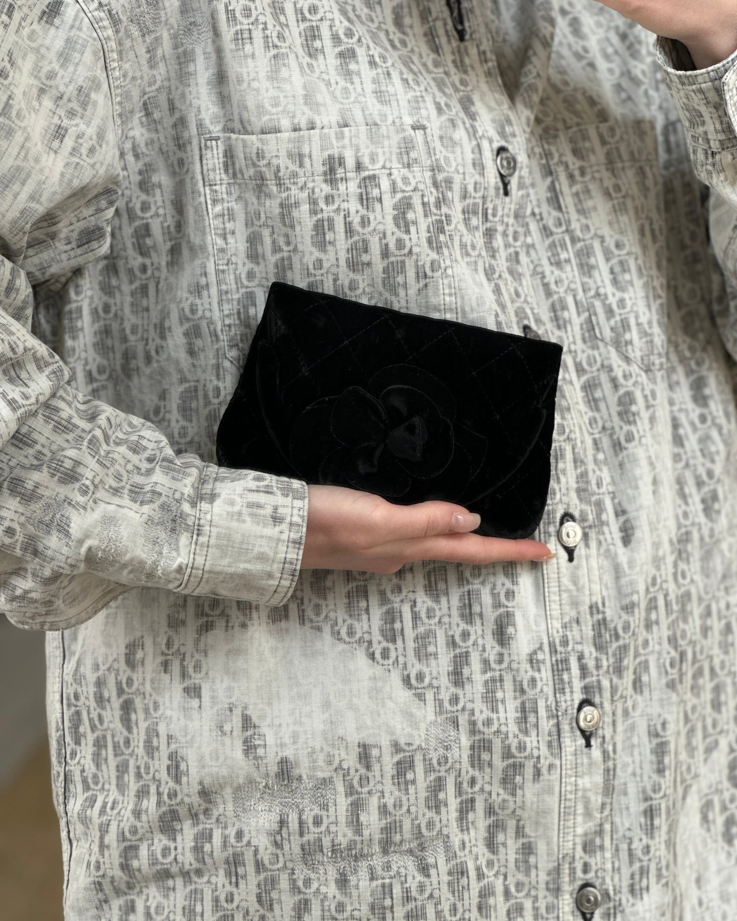 Chanel Black Velvet Diamond Clutch Bag with Camellia Detailing