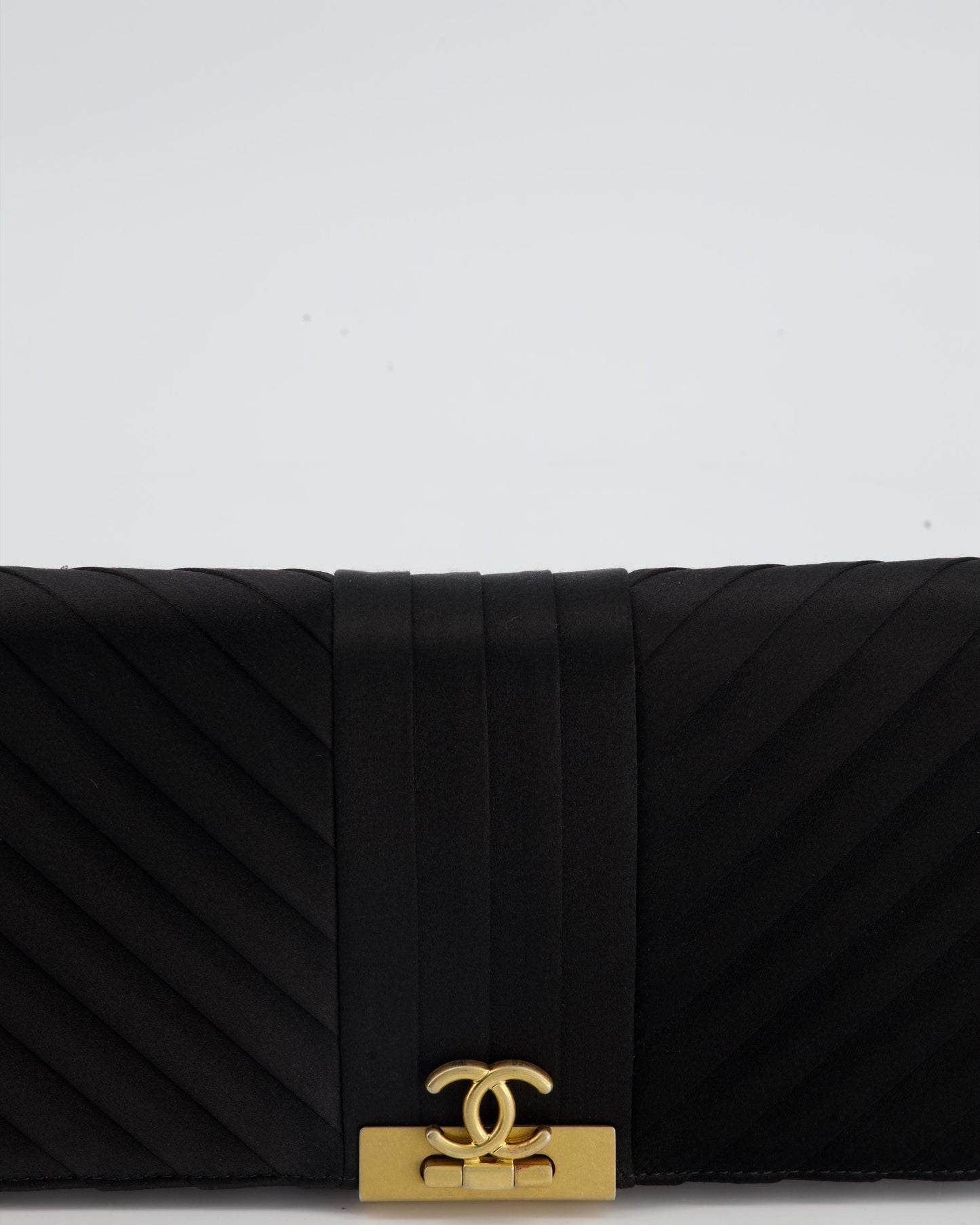 Chanel Black Satin Long-Line Clutch Bag with Brushed Gold Hardware and CC Detail