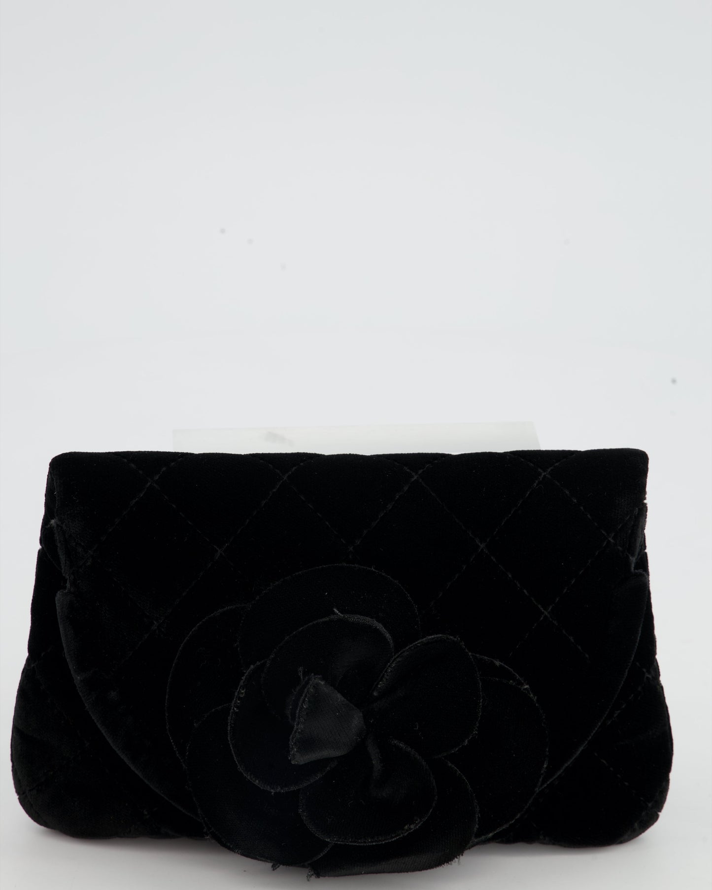 Chanel Black Velvet Diamond Clutch Bag with Camellia Detailing