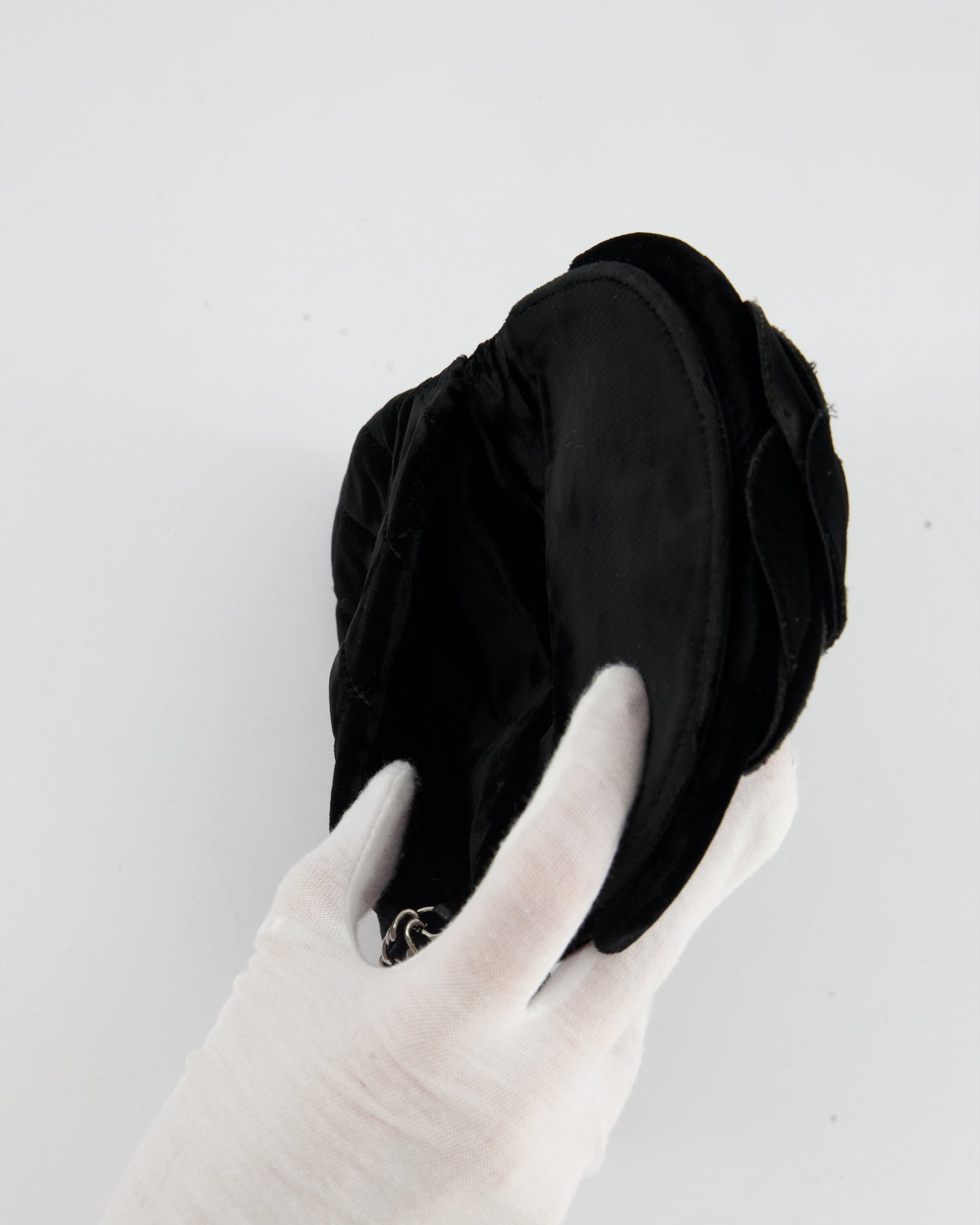 Chanel Black Velvet Diamond Clutch Bag with Camellia Detailing