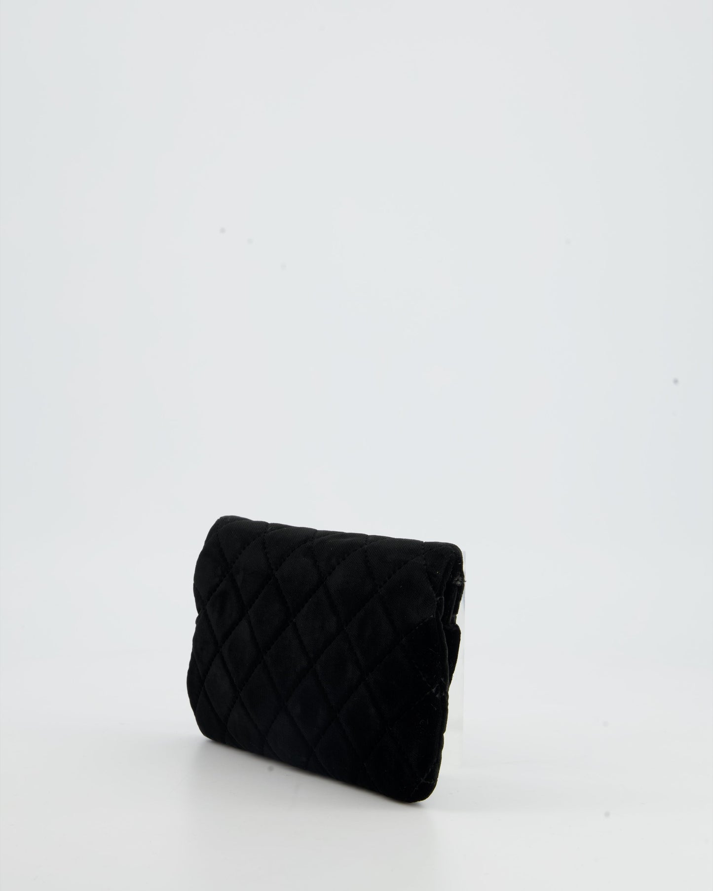 Chanel Black Velvet Diamond Clutch Bag with Camellia Detailing