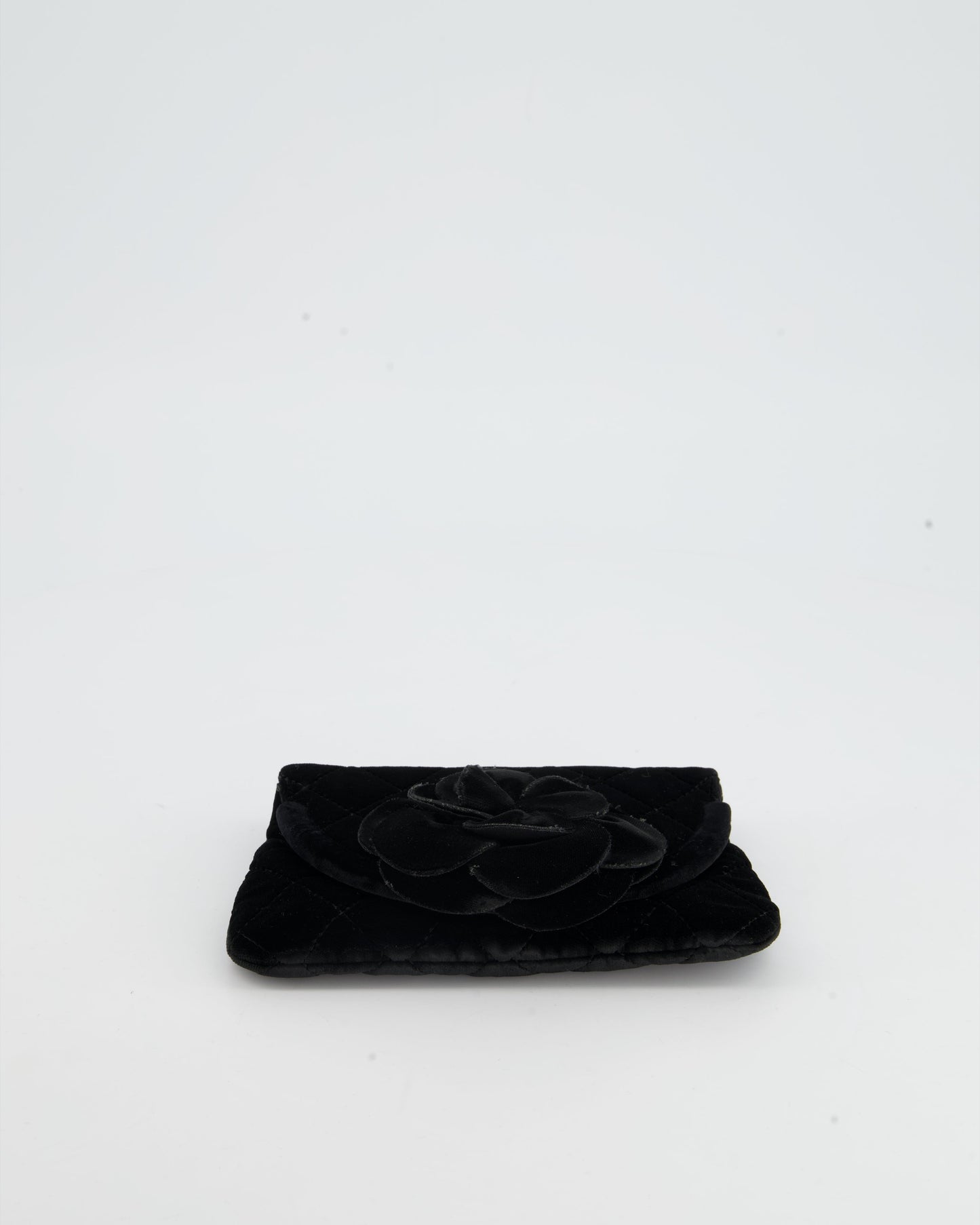 Chanel Black Velvet Diamond Clutch Bag with Camellia Detailing