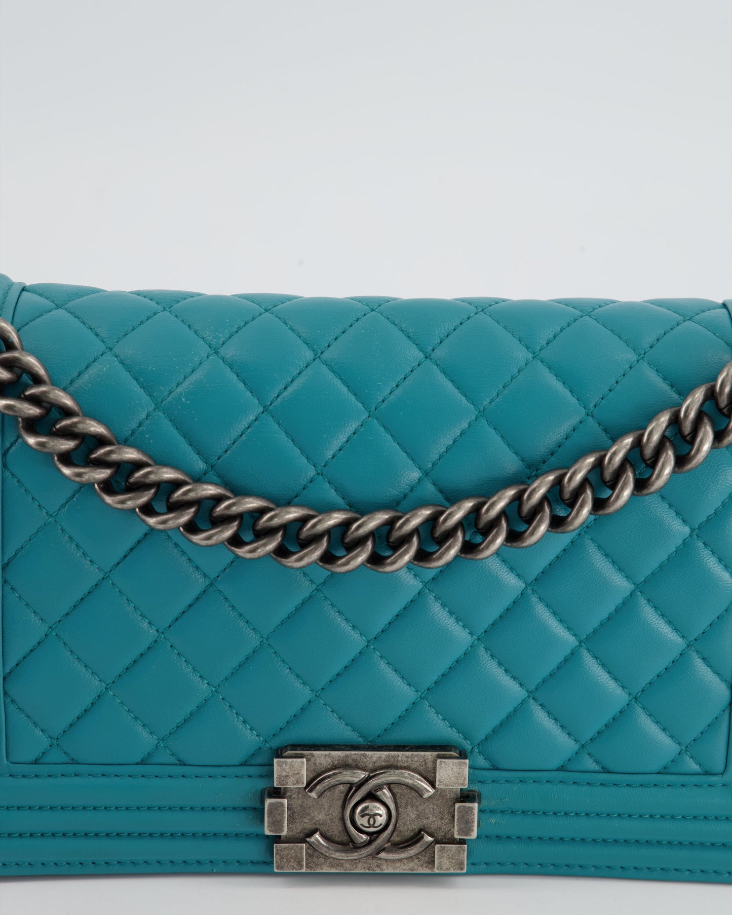 *FIR PRICE* Chanel Teal Blue Medium Boy Bag in Lambskin Leather with Ruthenium Hardware