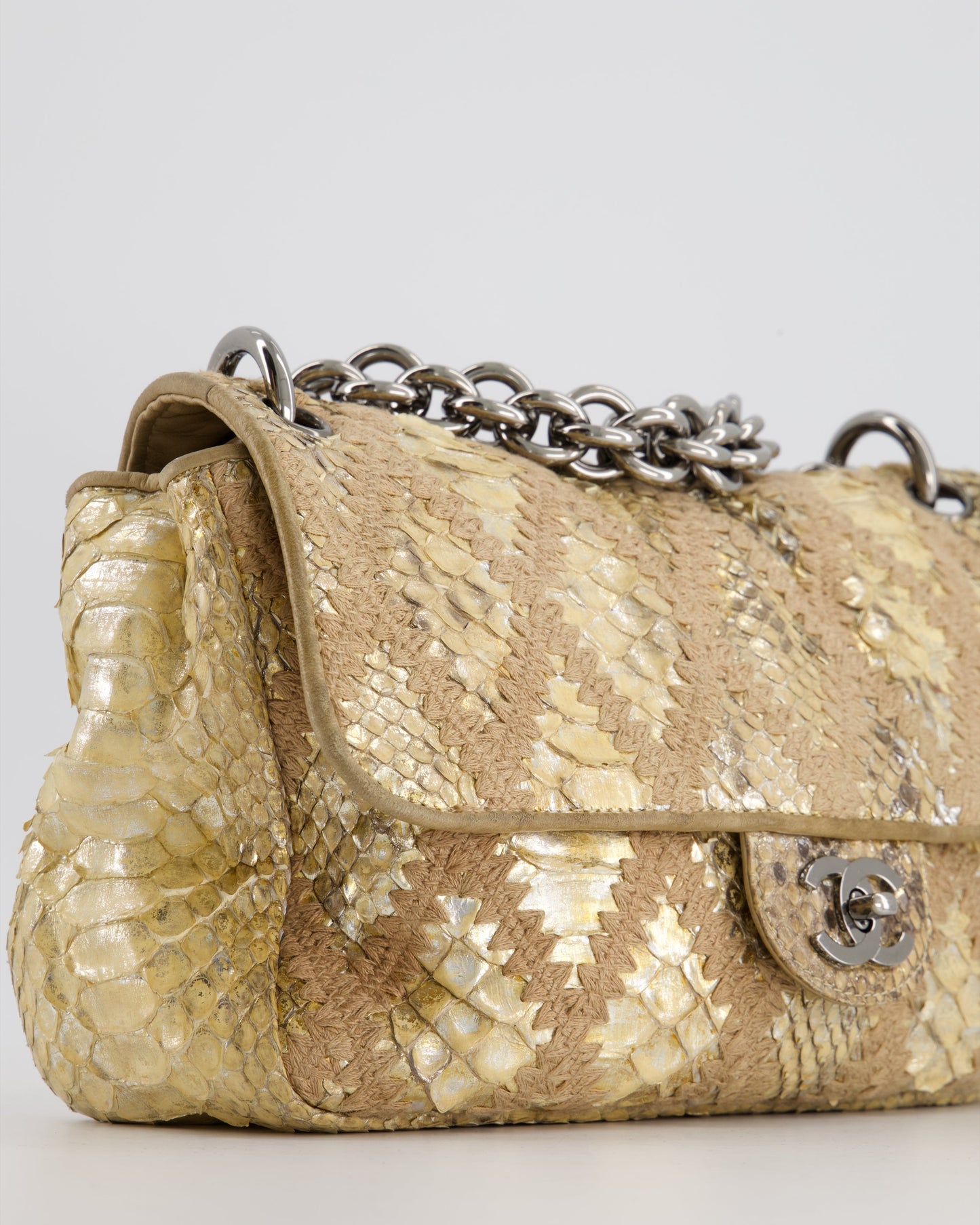 Chanel Beige and Gold Python and Crochet Flap Shoulder Bag with Ruthenium Hardware and Large Chain Strap