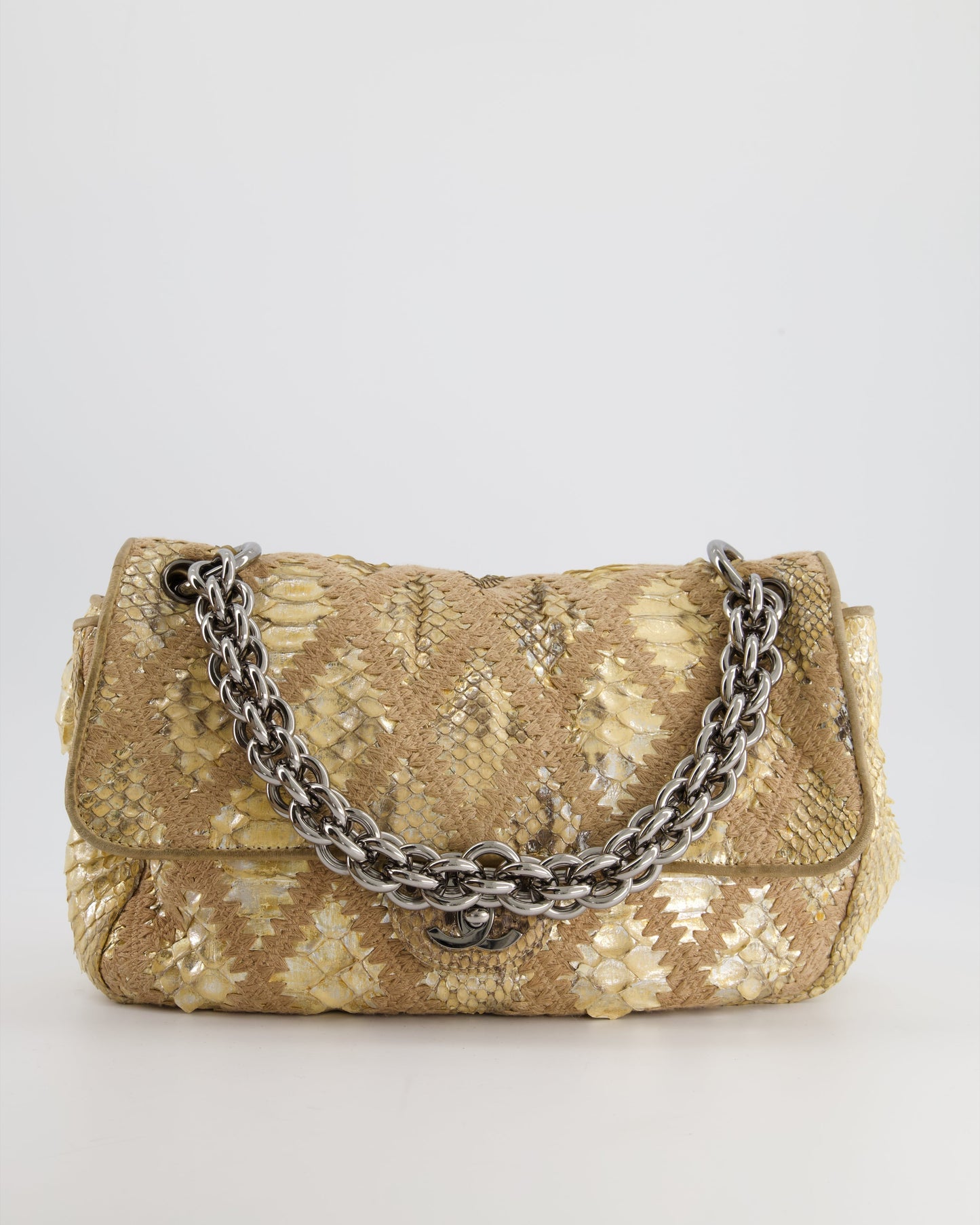 Chanel Beige and Gold Python and Crochet Flap Shoulder Bag with Ruthenium Hardware and Large Chain Strap