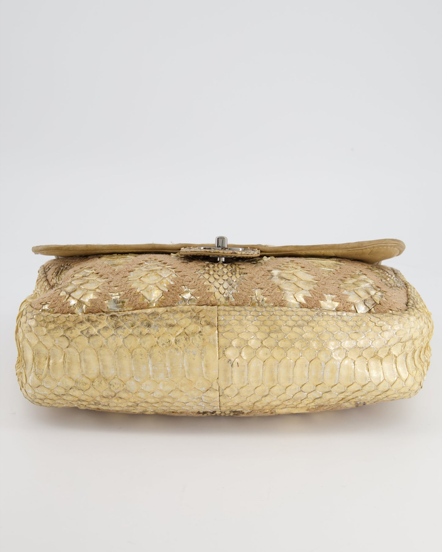 Chanel Beige and Gold Python and Crochet Flap Shoulder Bag with Ruthenium Hardware and Large Chain Strap