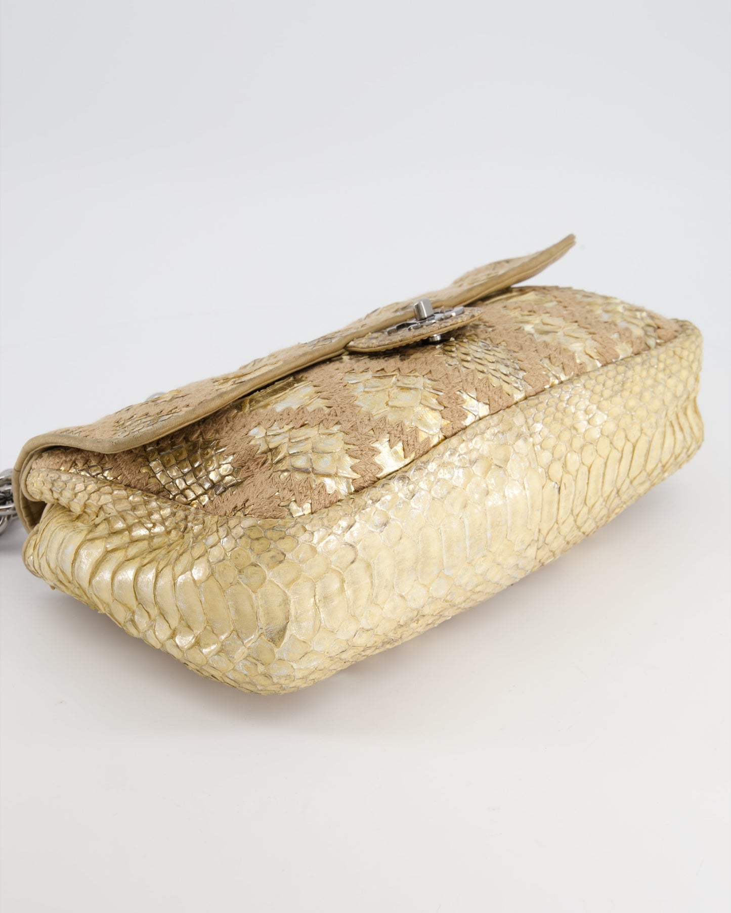 Chanel Beige and Gold Python and Crochet Flap Shoulder Bag with Ruthenium Hardware and Large Chain Strap