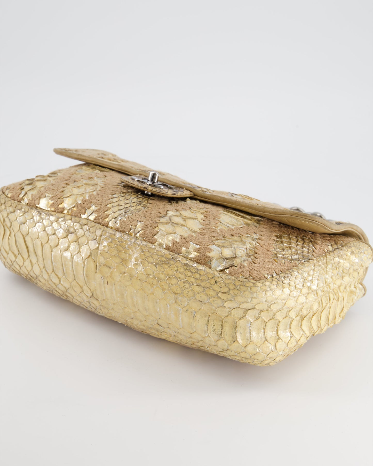 Chanel Beige and Gold Python and Crochet Flap Shoulder Bag with Ruthenium Hardware and Large Chain Strap