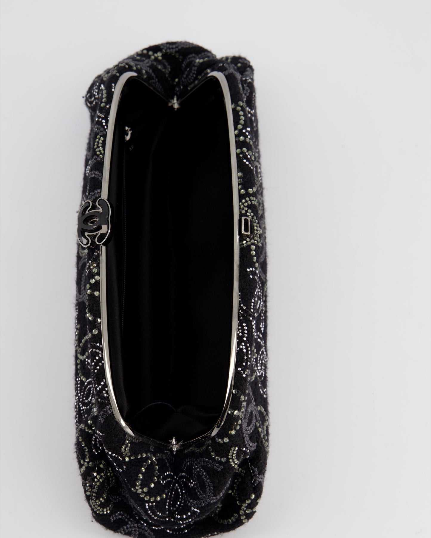 Chanel Black Timeless Clutch Bag in Fabric with Gunmetal Hardware and Crystal Logo Details