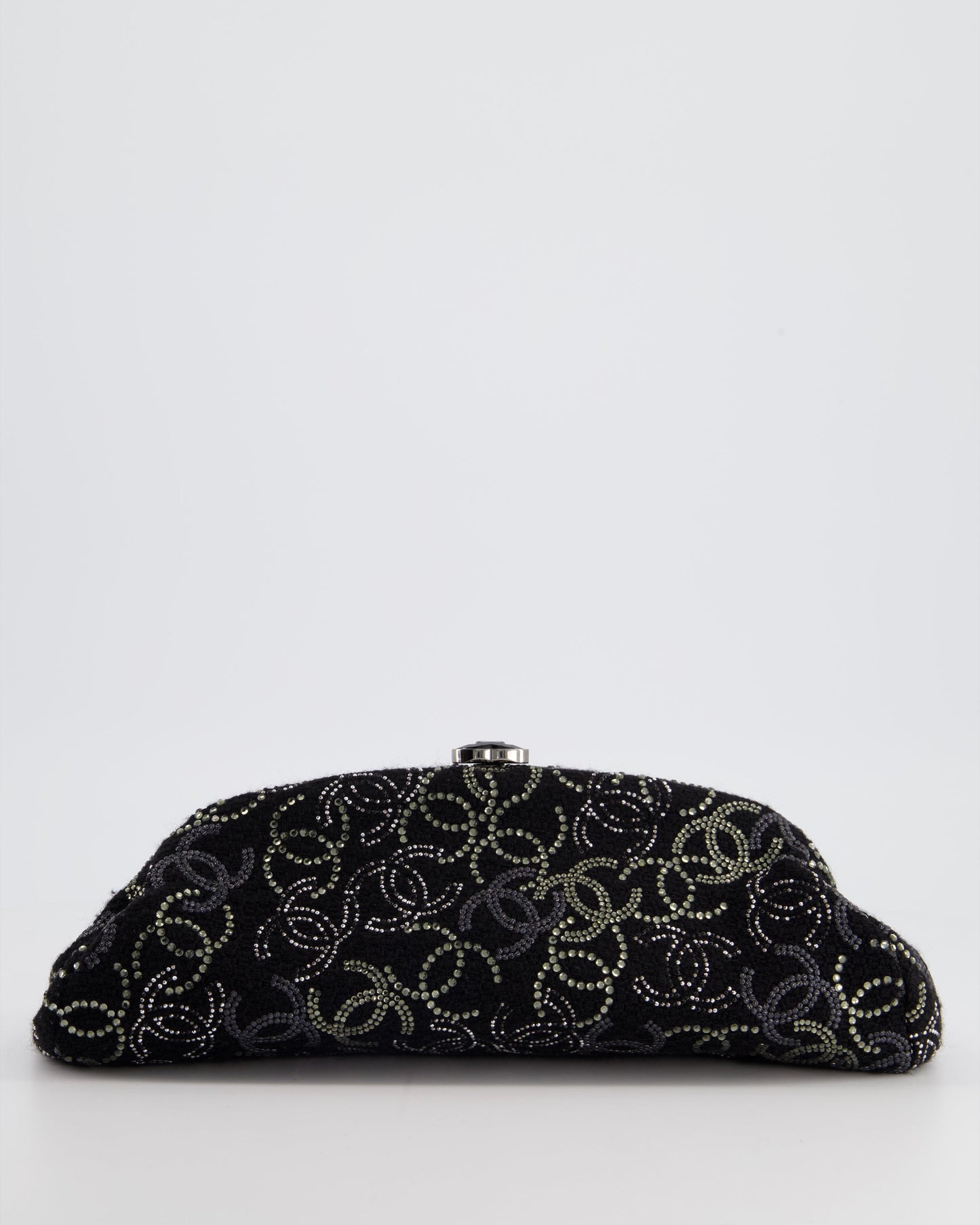 Chanel Black Timeless Clutch Bag in Fabric with Gunmetal Hardware and Crystal Logo Details