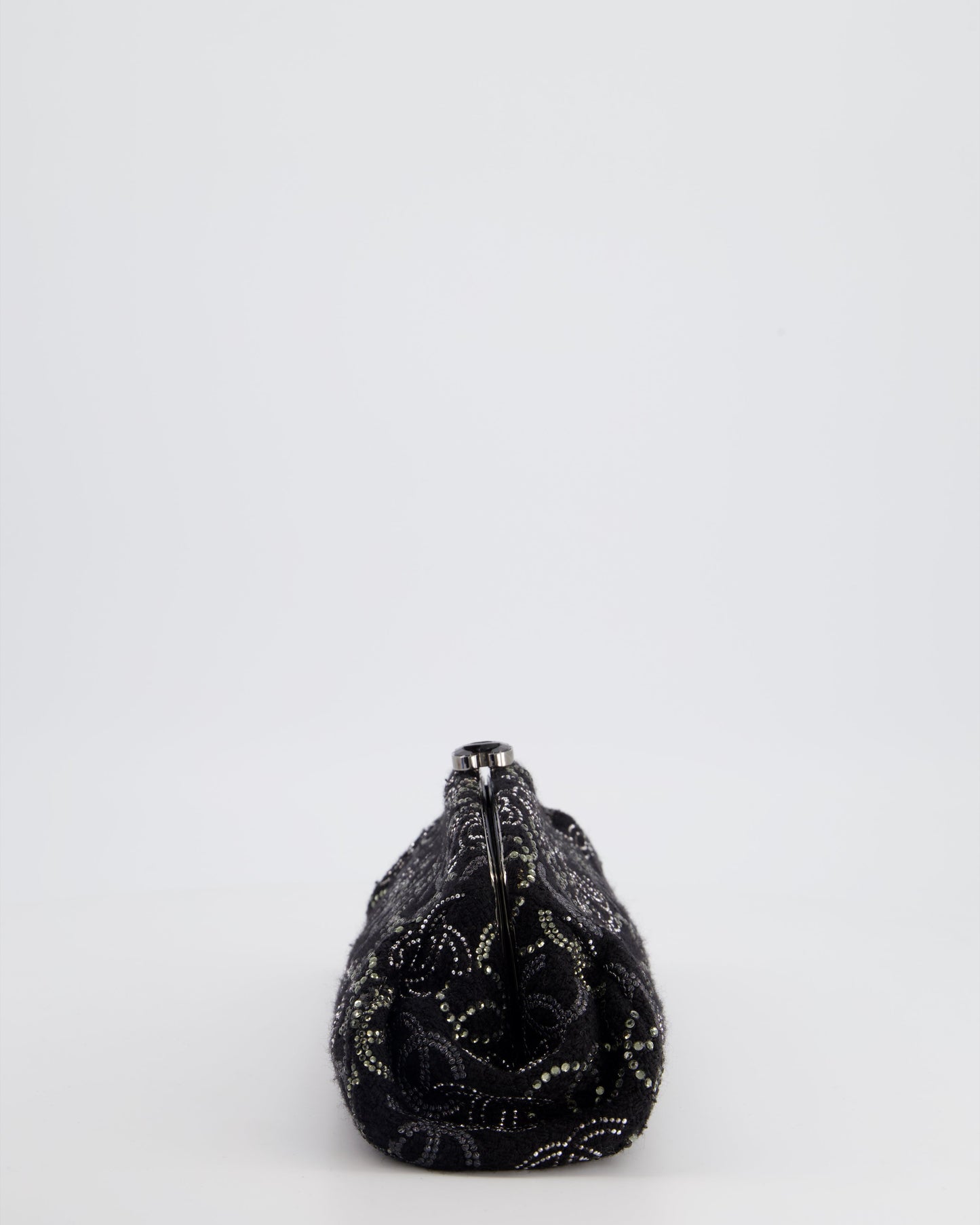 Chanel Black Timeless Clutch Bag in Fabric with Gunmetal Hardware and Crystal Logo Details