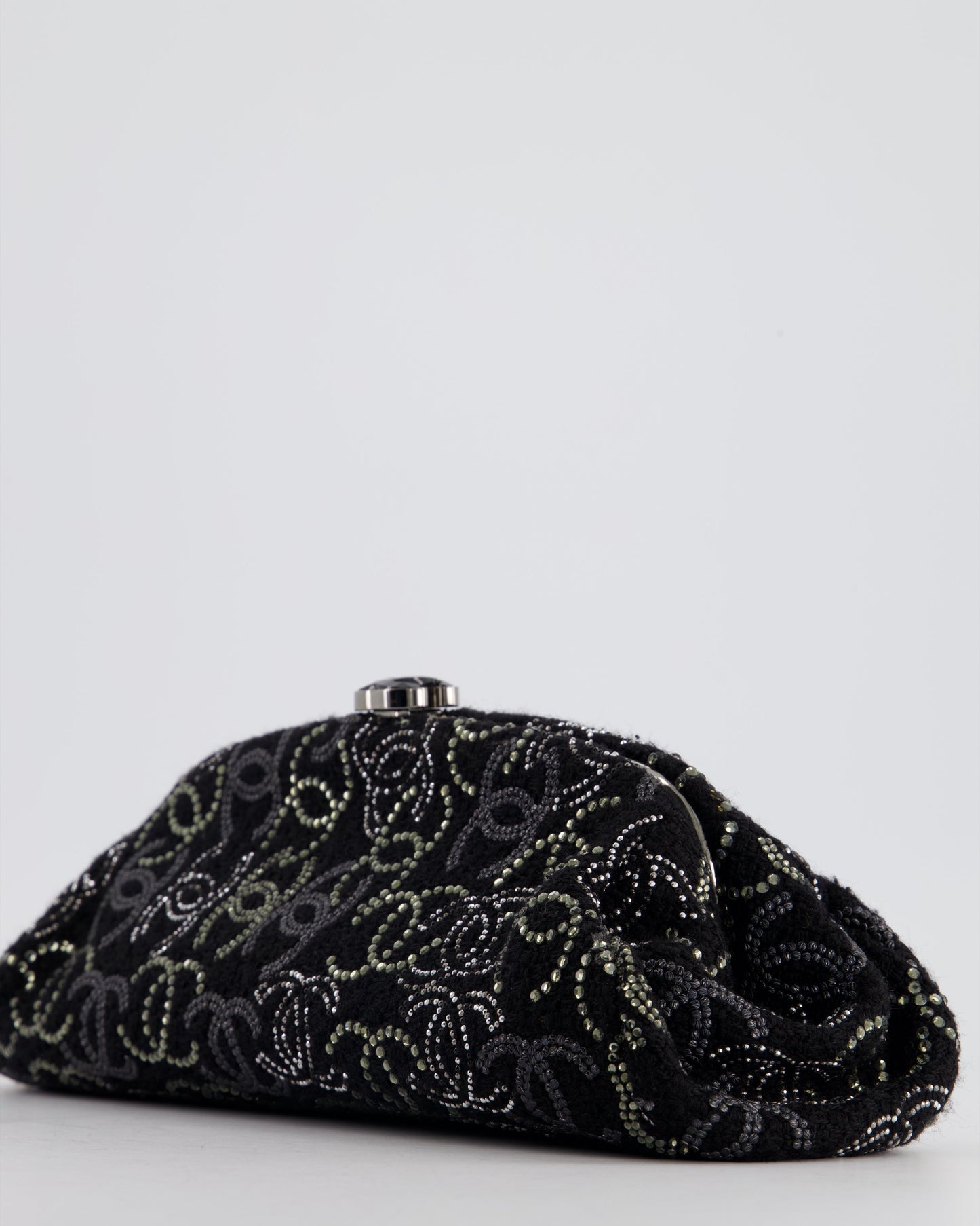 Chanel Black Timeless Clutch Bag in Fabric with Gunmetal Hardware and Crystal Logo Details