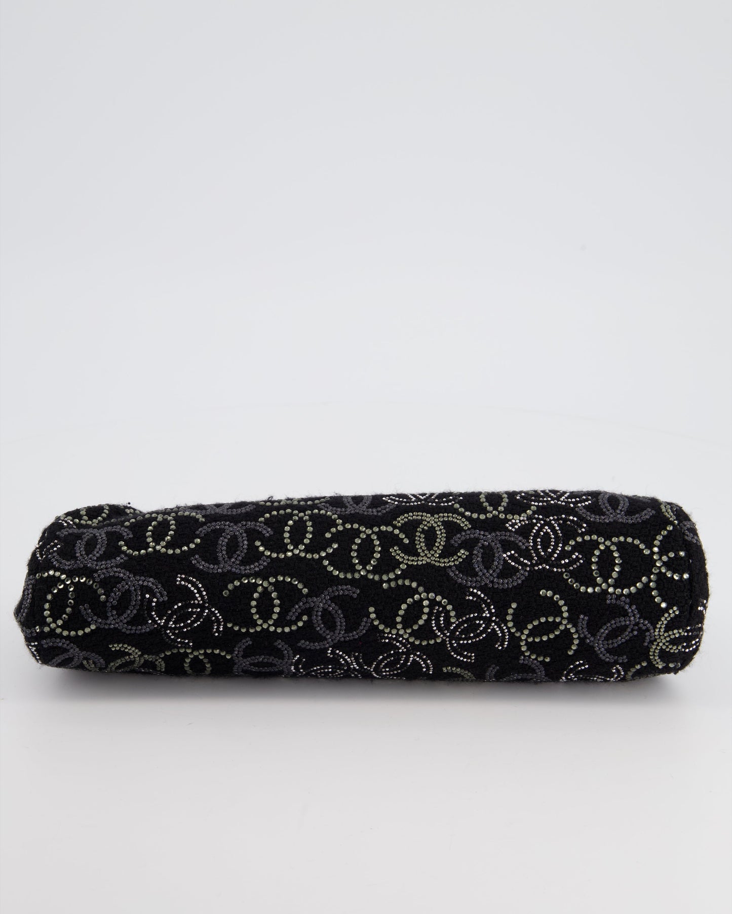 Chanel Black Timeless Clutch Bag in Fabric with Gunmetal Hardware and Crystal Logo Details