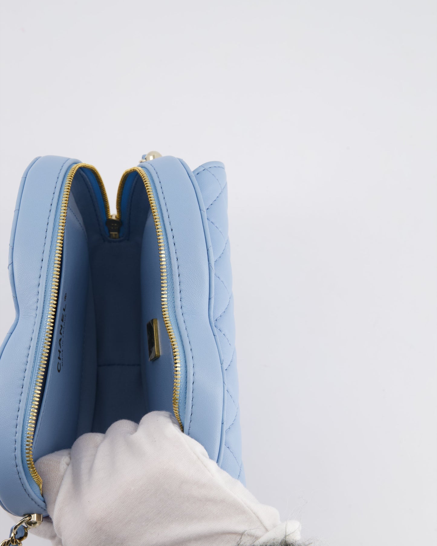 Chanel Baby Blue Heart Clutch with Chain and Champagne Gold Hardware