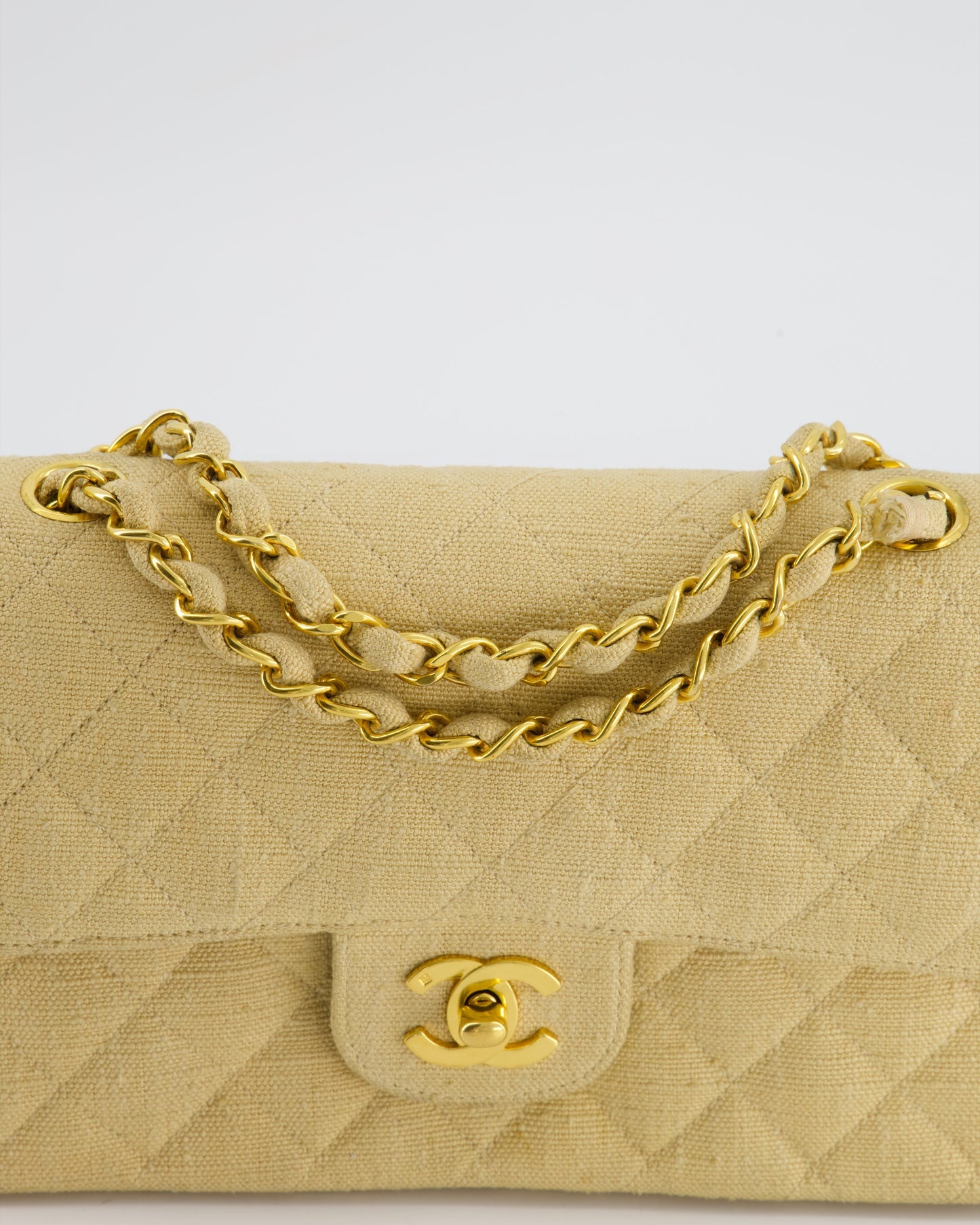 VINTAGE* Chanel Beige Small Fabric Double Flap Bag with 24K Gold Hardware