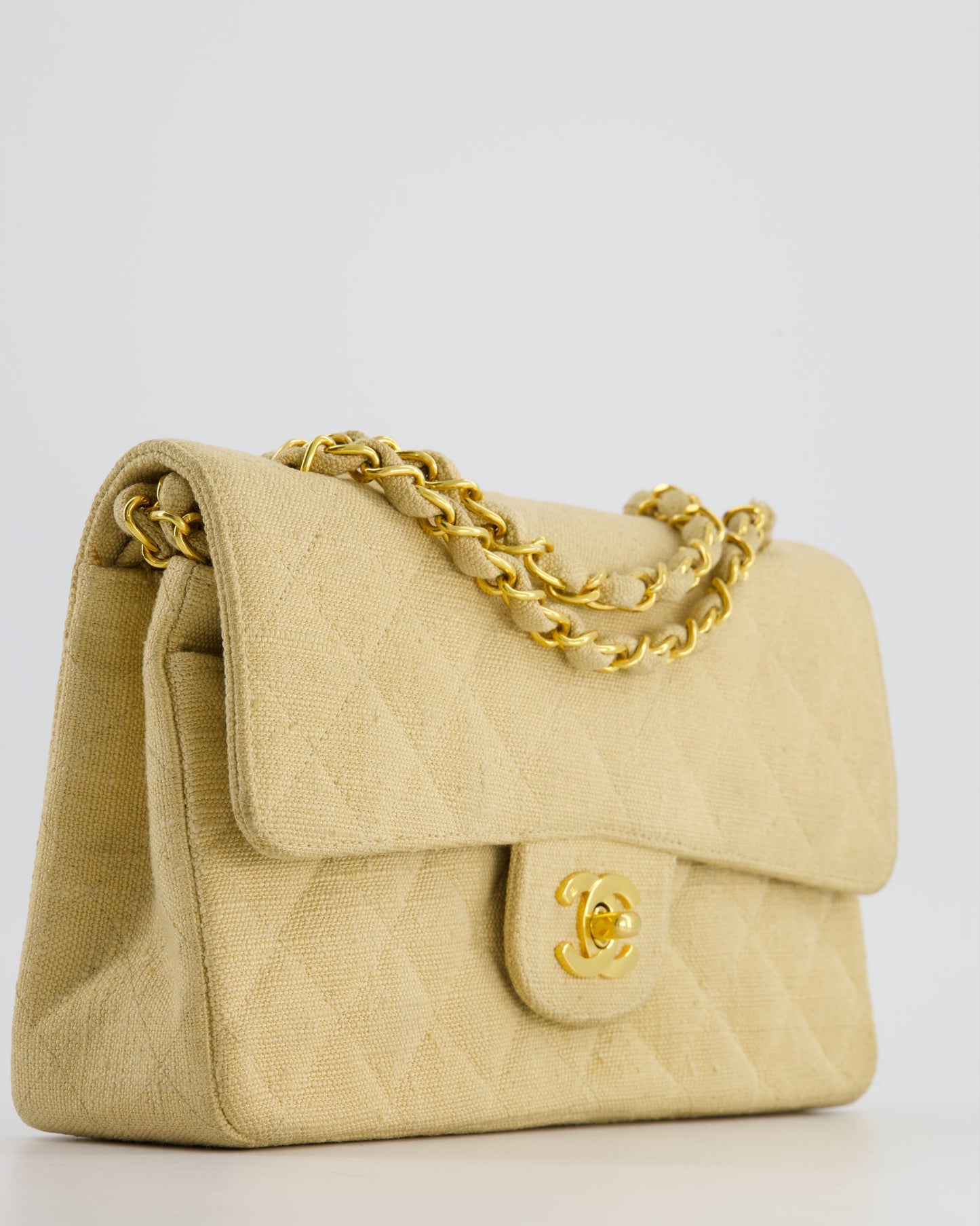 VINTAGE* Chanel Beige Small Fabric Double Flap Bag with 24K Gold Hardware