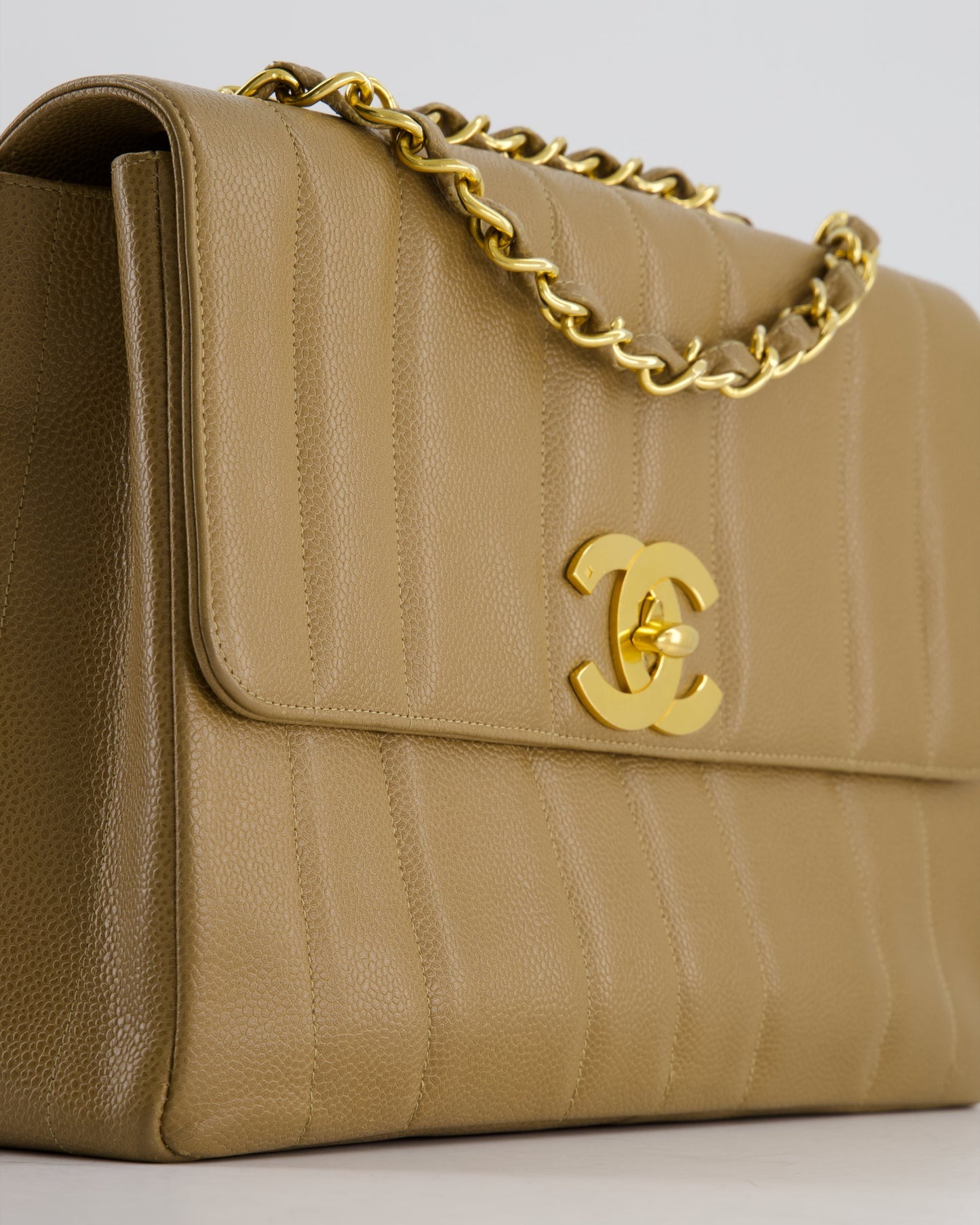 VINTAGE* Chanel Caramel Jumbo Mademoiselle Caviar Flap Bag with Vertical Stitch Detail & 24K Gold Hardware