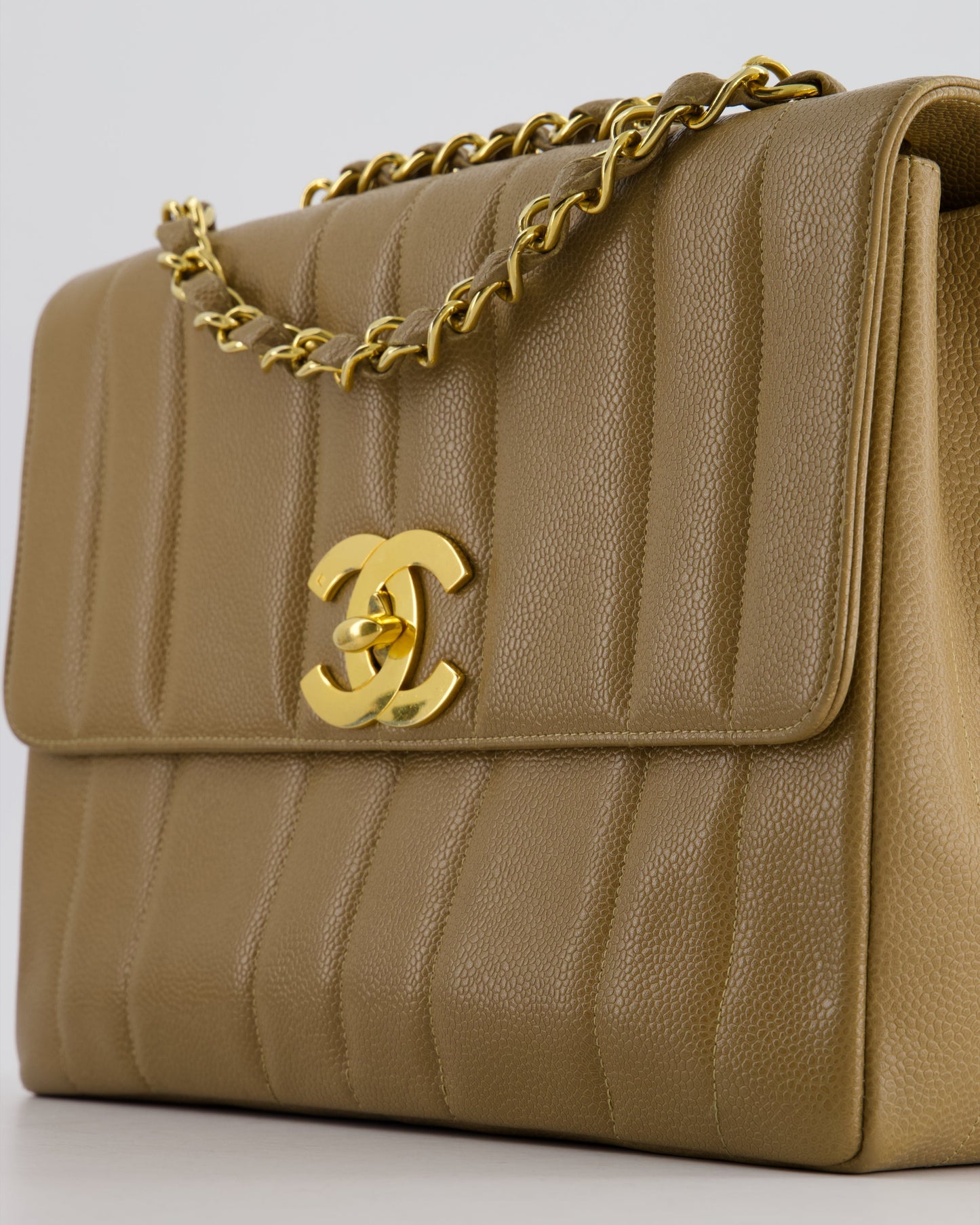 VINTAGE* Chanel Caramel Jumbo Mademoiselle Caviar Flap Bag with Vertical Stitch Detail & 24K Gold Hardware