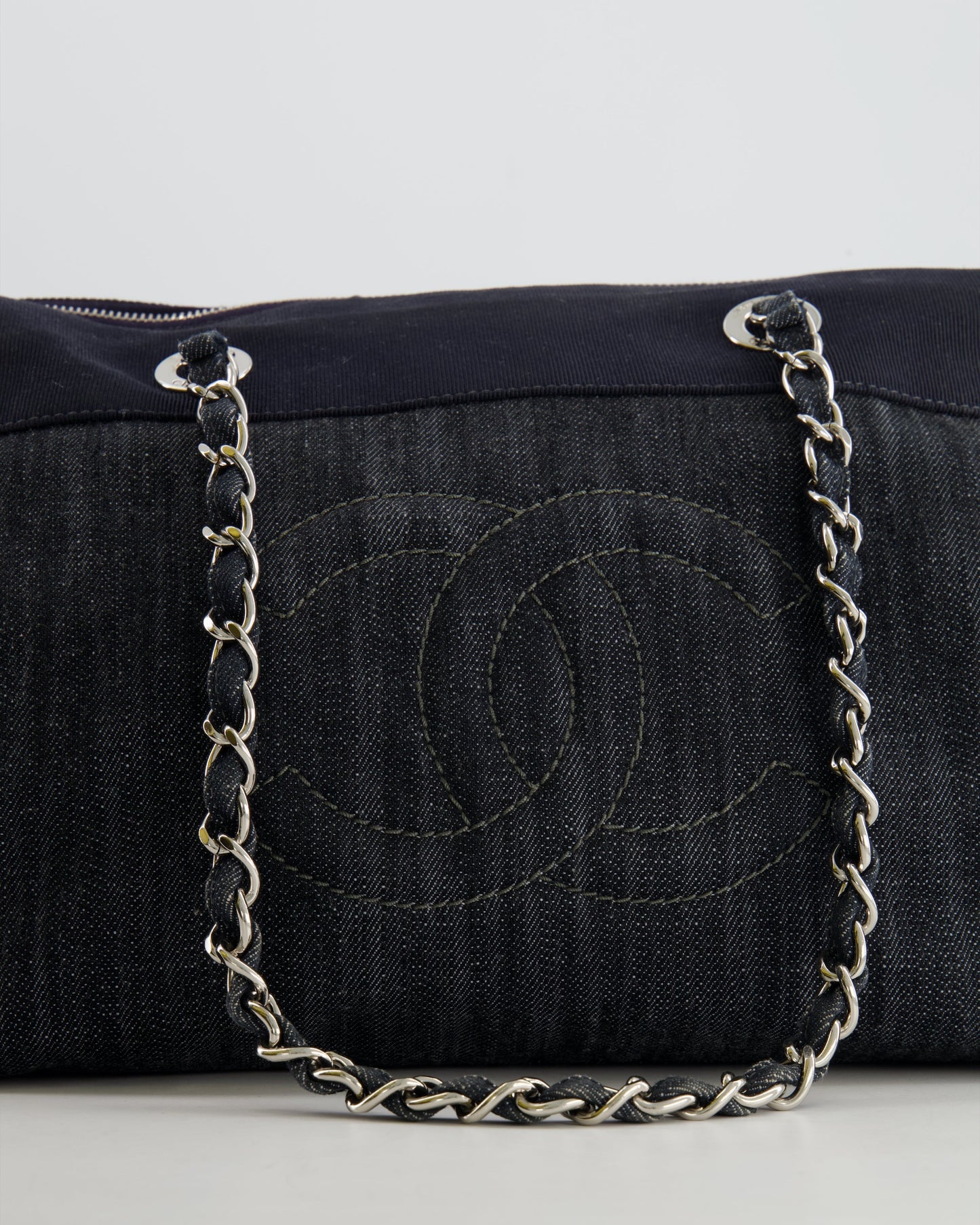 Chanel Navy Denim CC Logo Shoulder Bag with Silver Hardware