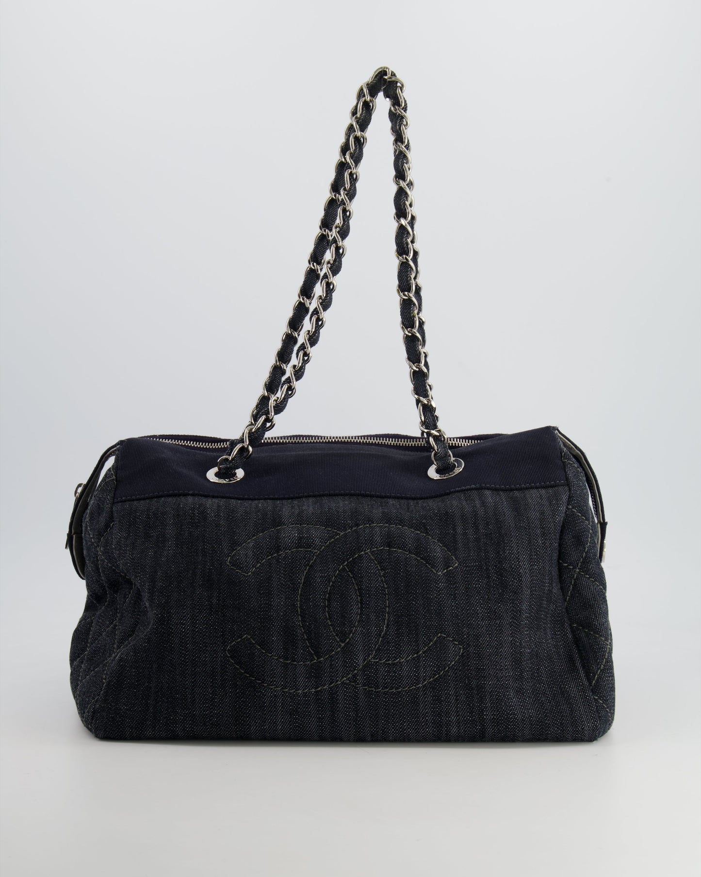 Chanel Navy Denim CC Logo Shoulder Bag with Silver Hardware