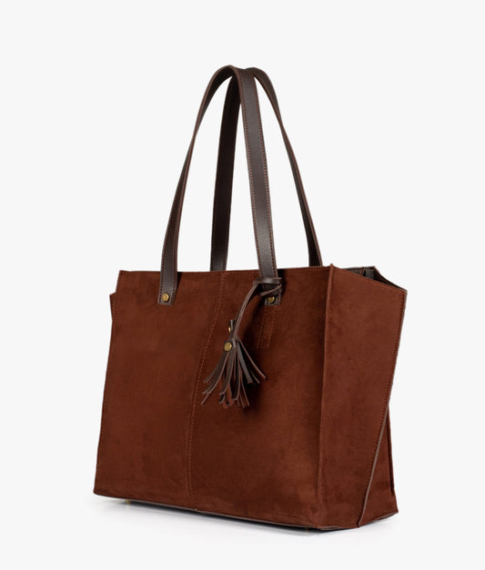 Dark brown suede over the shoulder Tote Bags