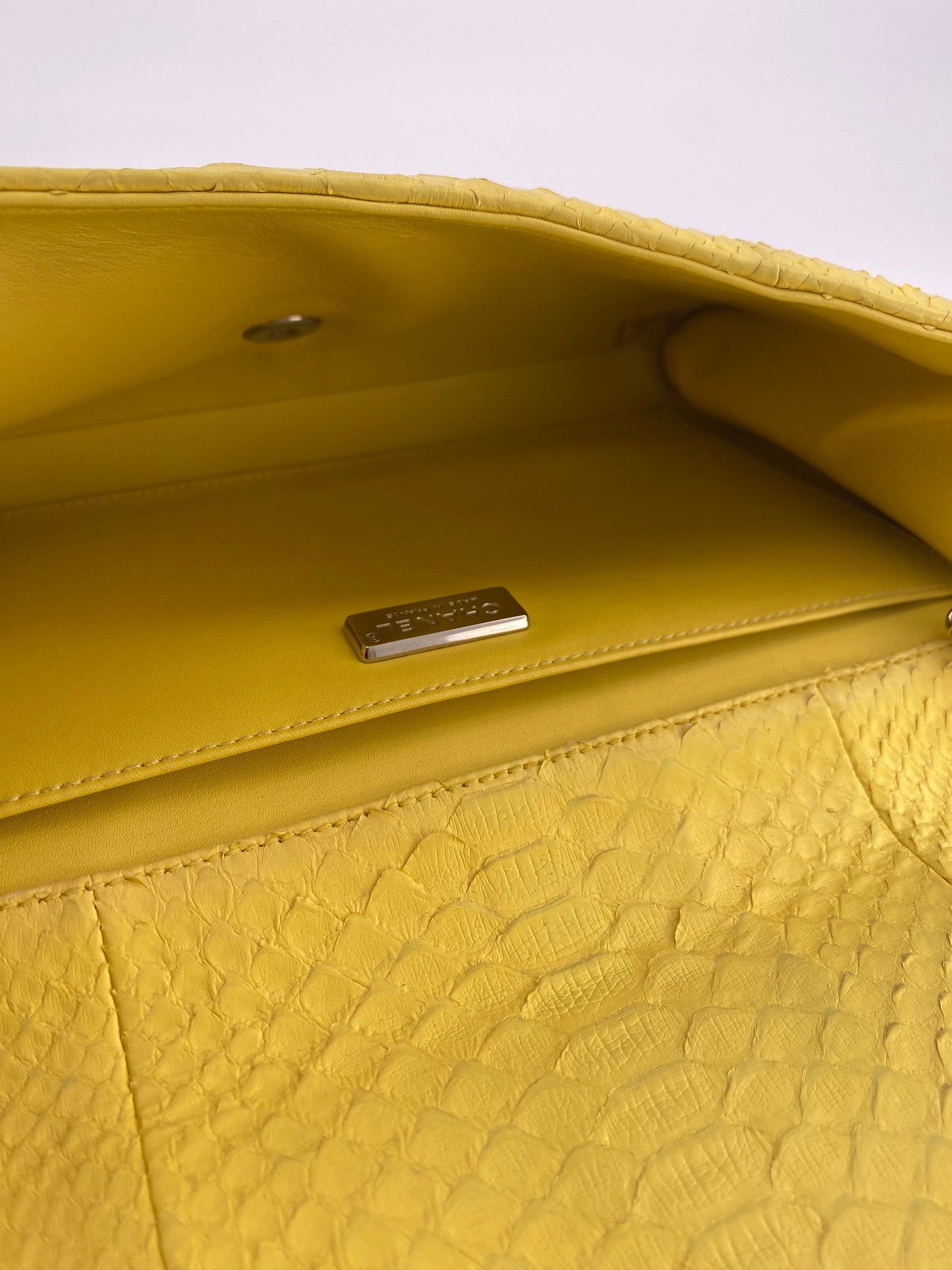 Chanel Light Yellow Timeless Clutch on Chain in Python with Silver Hardware