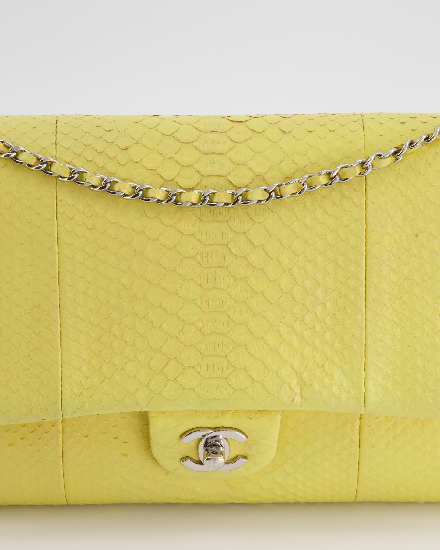 Chanel Light Yellow Timeless Clutch on Chain in Python with Silver Hardware