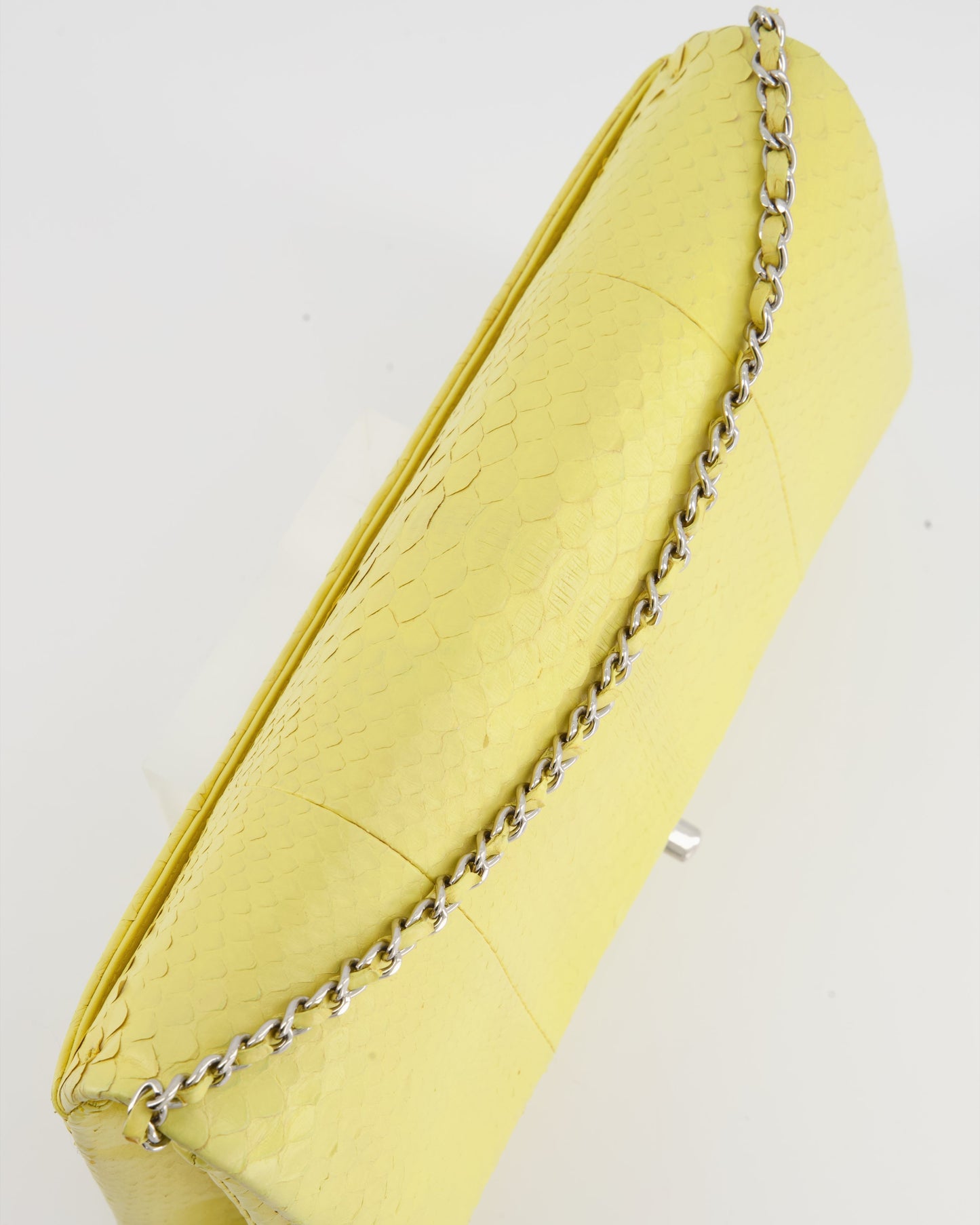 Chanel Light Yellow Timeless Clutch on Chain in Python with Silver Hardware