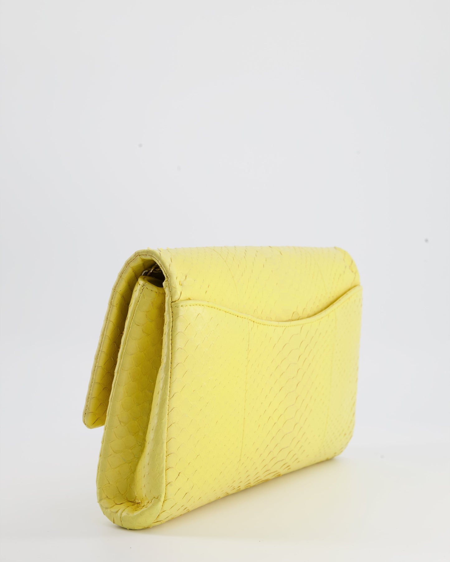 Chanel Light Yellow Timeless Clutch on Chain in Python with Silver Hardware