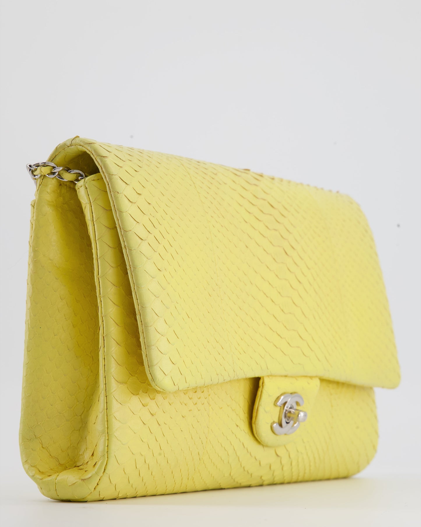 Chanel Light Yellow Timeless Clutch on Chain in Python with Silver Hardware