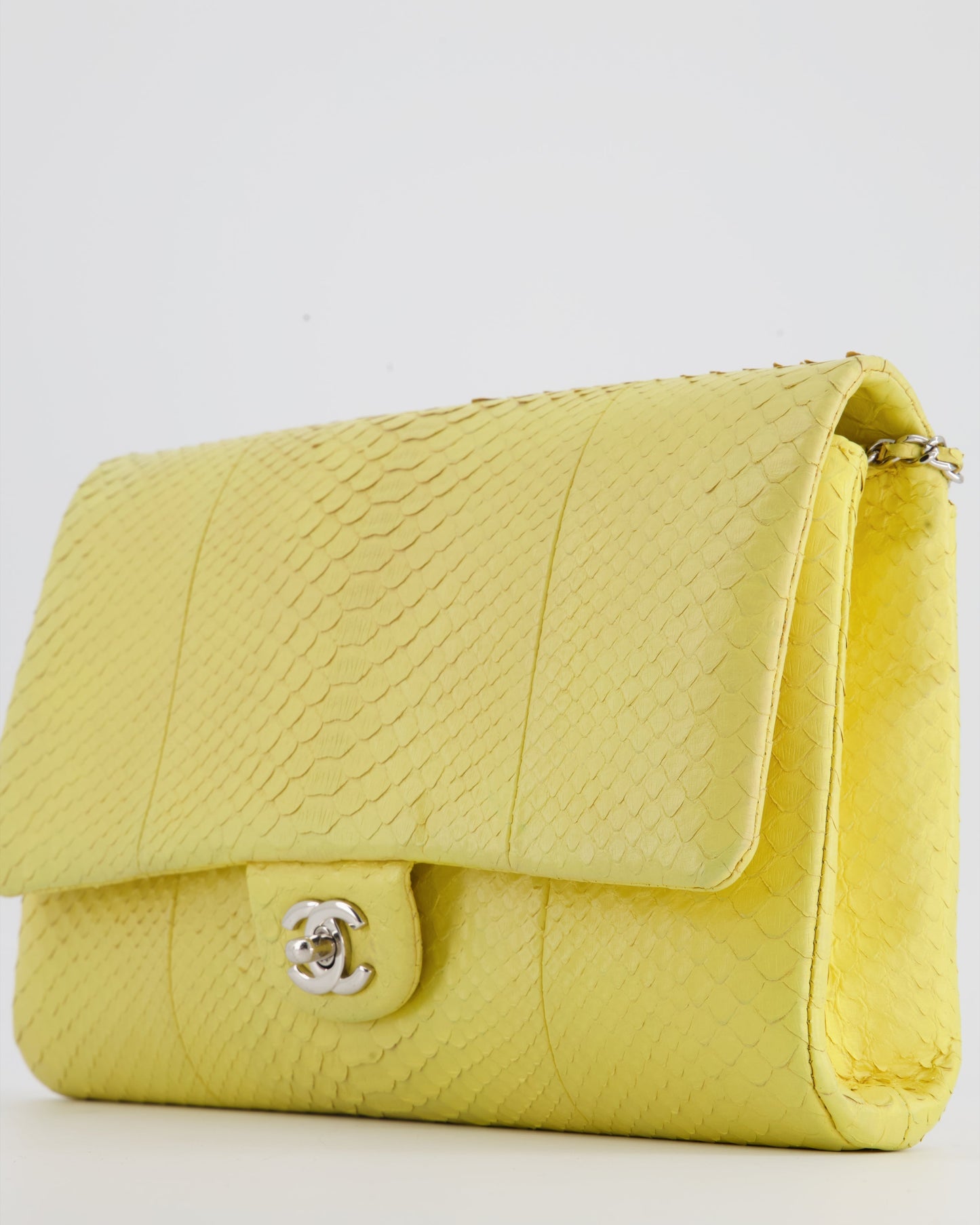 Chanel Light Yellow Timeless Clutch on Chain in Python with Silver Hardware