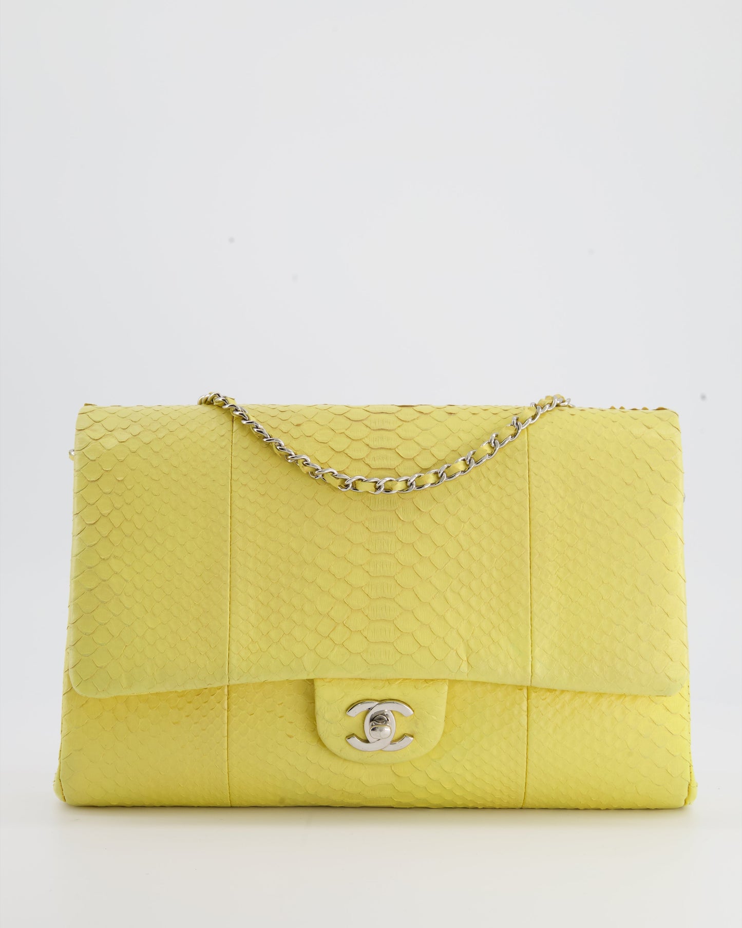 Chanel Light Yellow Timeless Clutch on Chain in Python with Silver Hardware