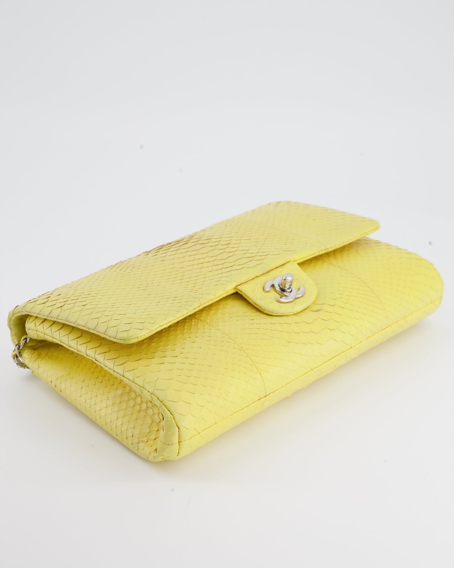 Chanel Light Yellow Timeless Clutch on Chain in Python with Silver Hardware