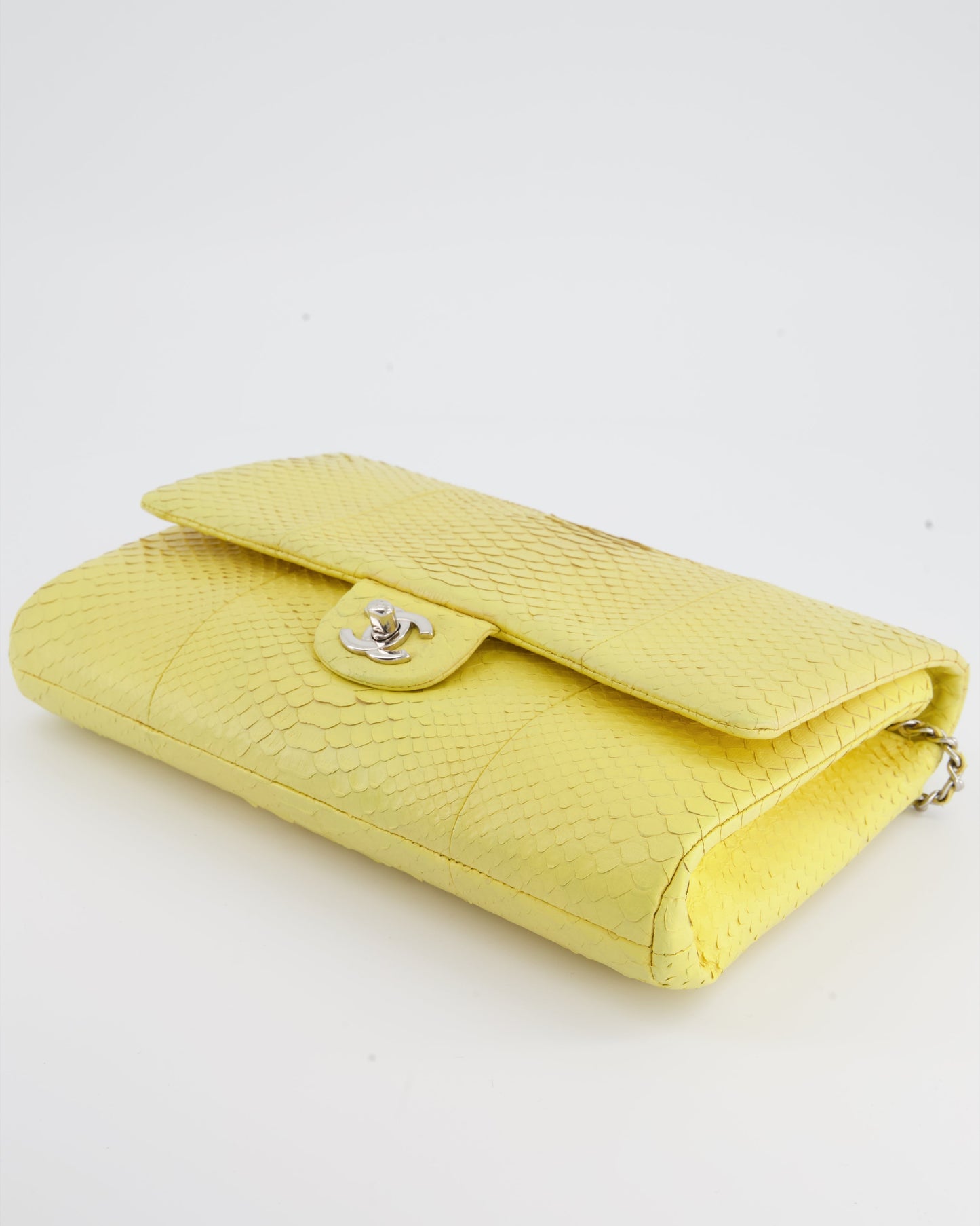 Chanel Light Yellow Timeless Clutch on Chain in Python with Silver Hardware