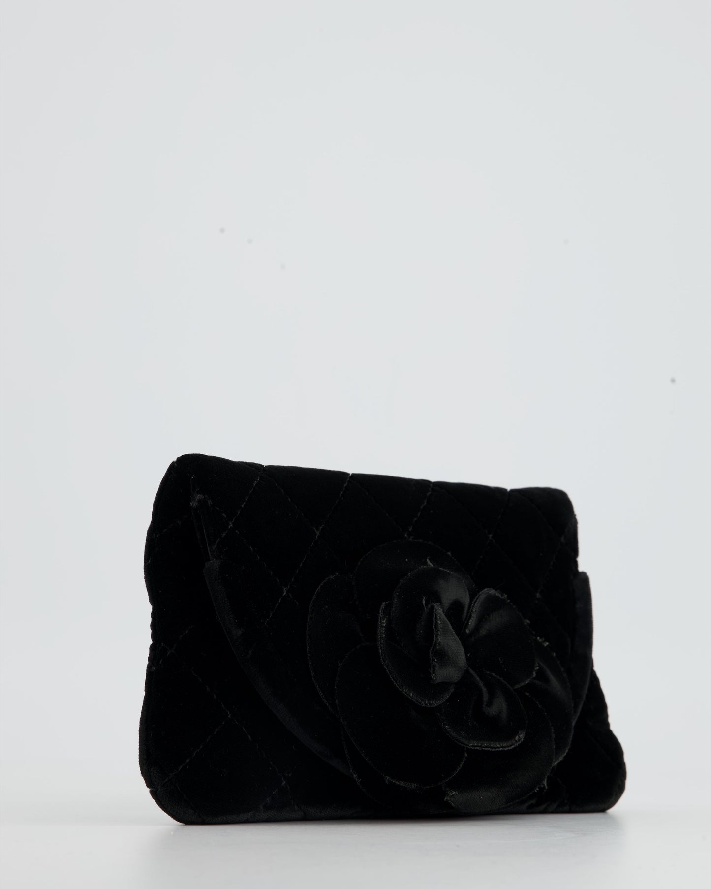Chanel Black Velvet Diamond Clutch Bag with Camellia Detailing