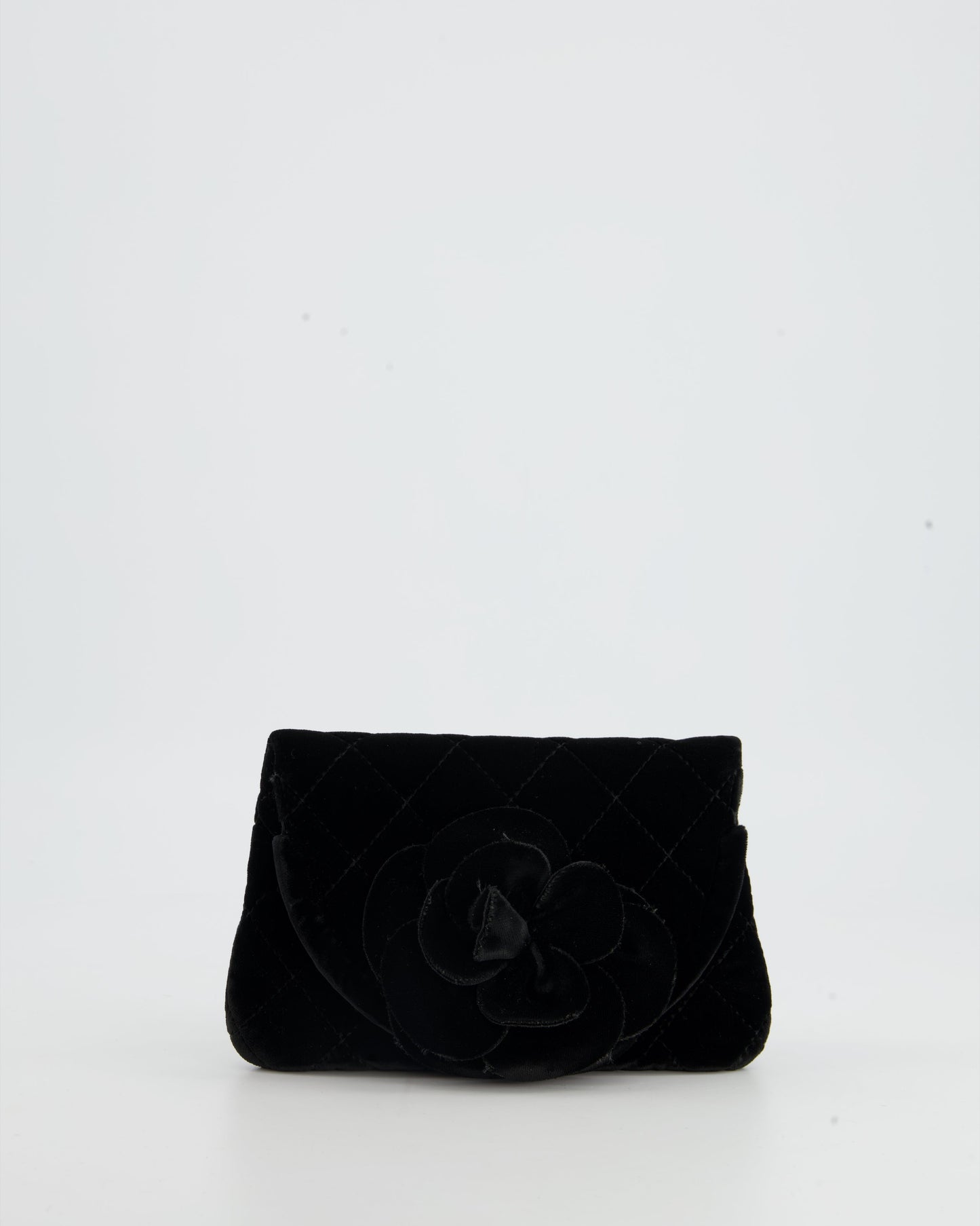 Chanel Black Velvet Diamond Clutch Bag with Camellia Detailing