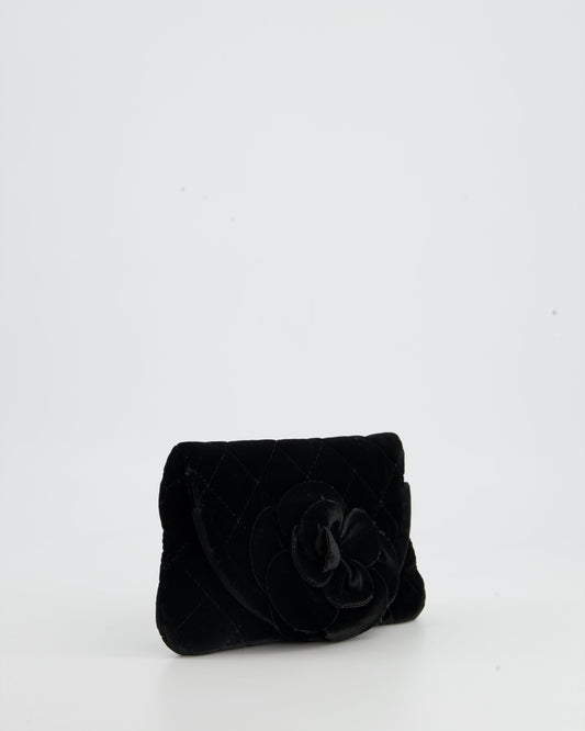 Chanel Black Velvet Diamond Clutch Bag with Camellia Detailing