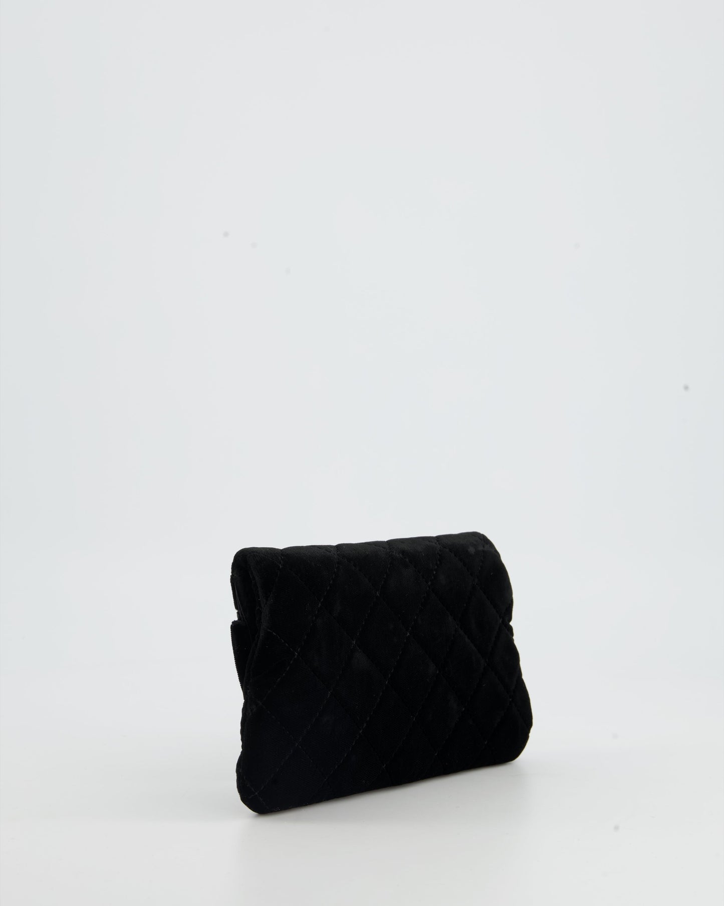 Chanel Black Velvet Diamond Clutch Bag with Camellia Detailing