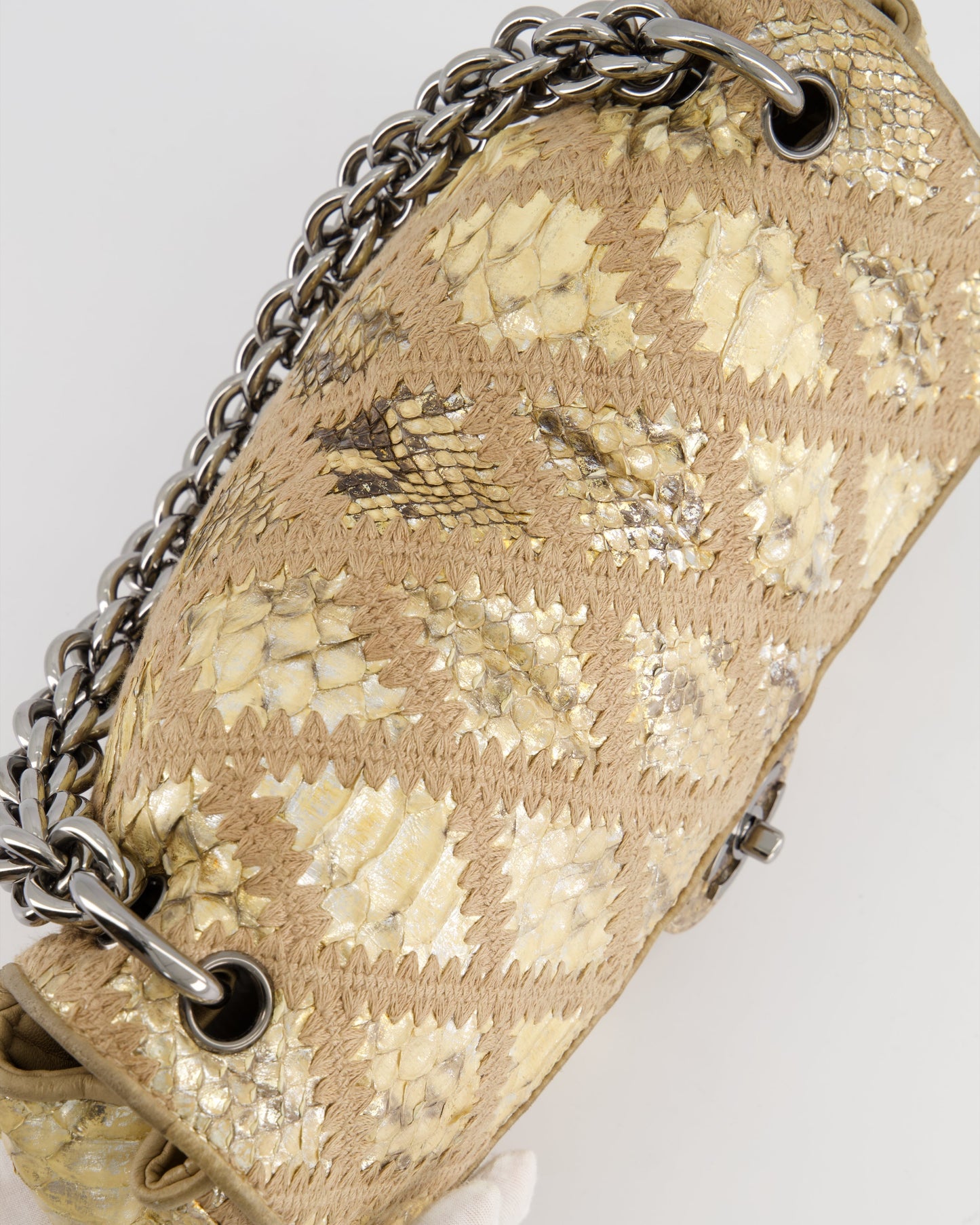 Chanel Beige and Gold Python and Crochet Flap Shoulder Bag with Ruthenium Hardware and Large Chain Strap