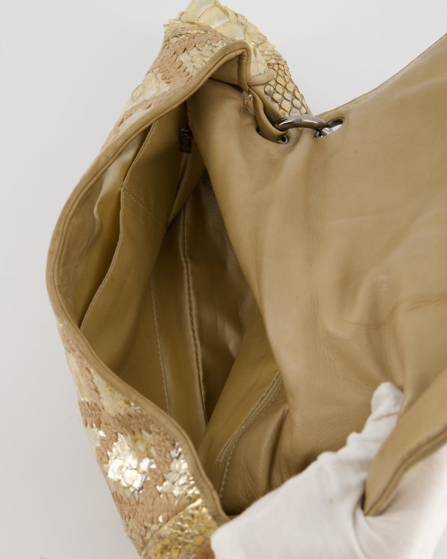 Chanel Beige and Gold Python and Crochet Flap Shoulder Bag with Ruthenium Hardware and Large Chain Strap