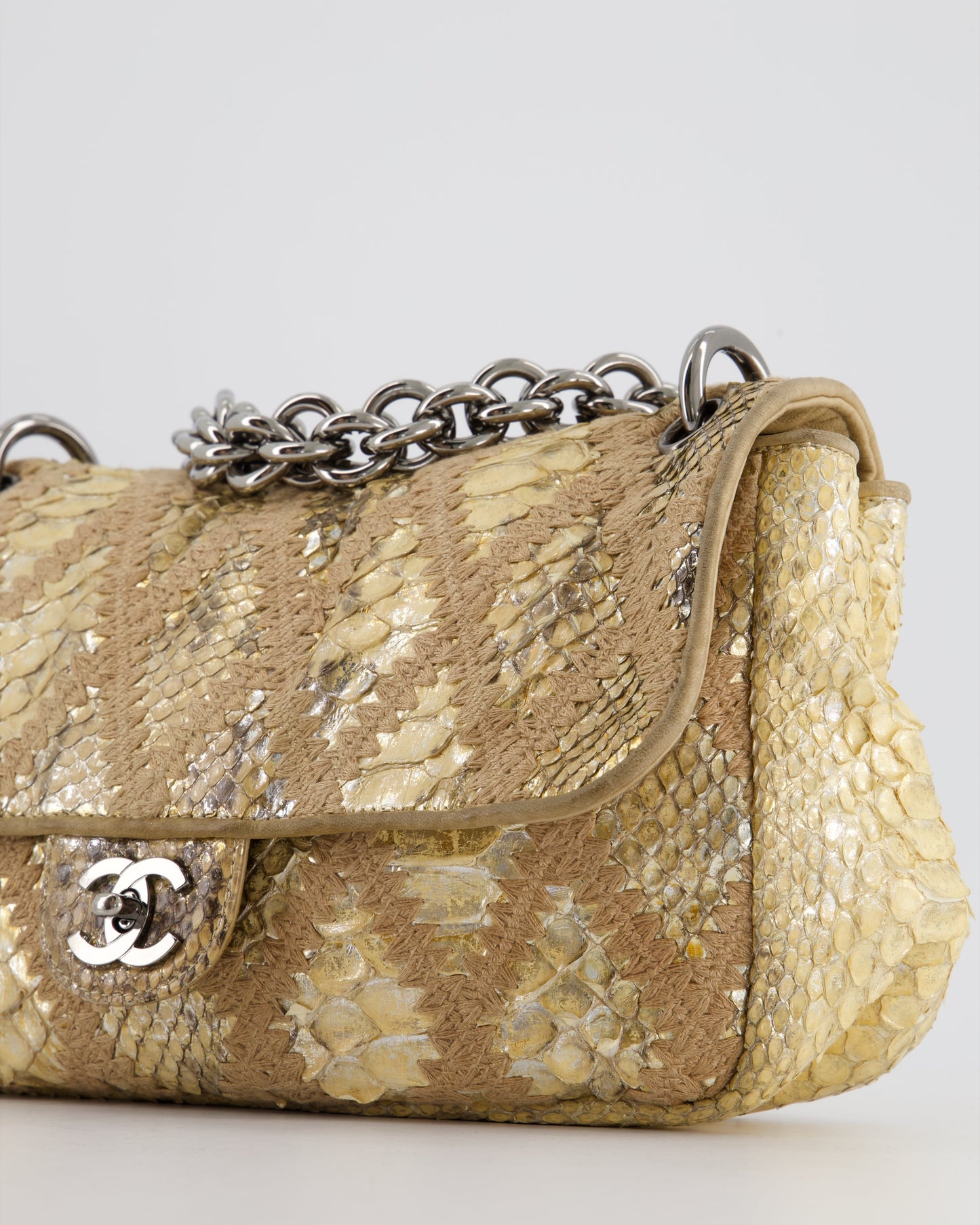 Chanel Beige and Gold Python and Crochet Flap Shoulder Bag with Ruthenium Hardware and Large Chain Strap