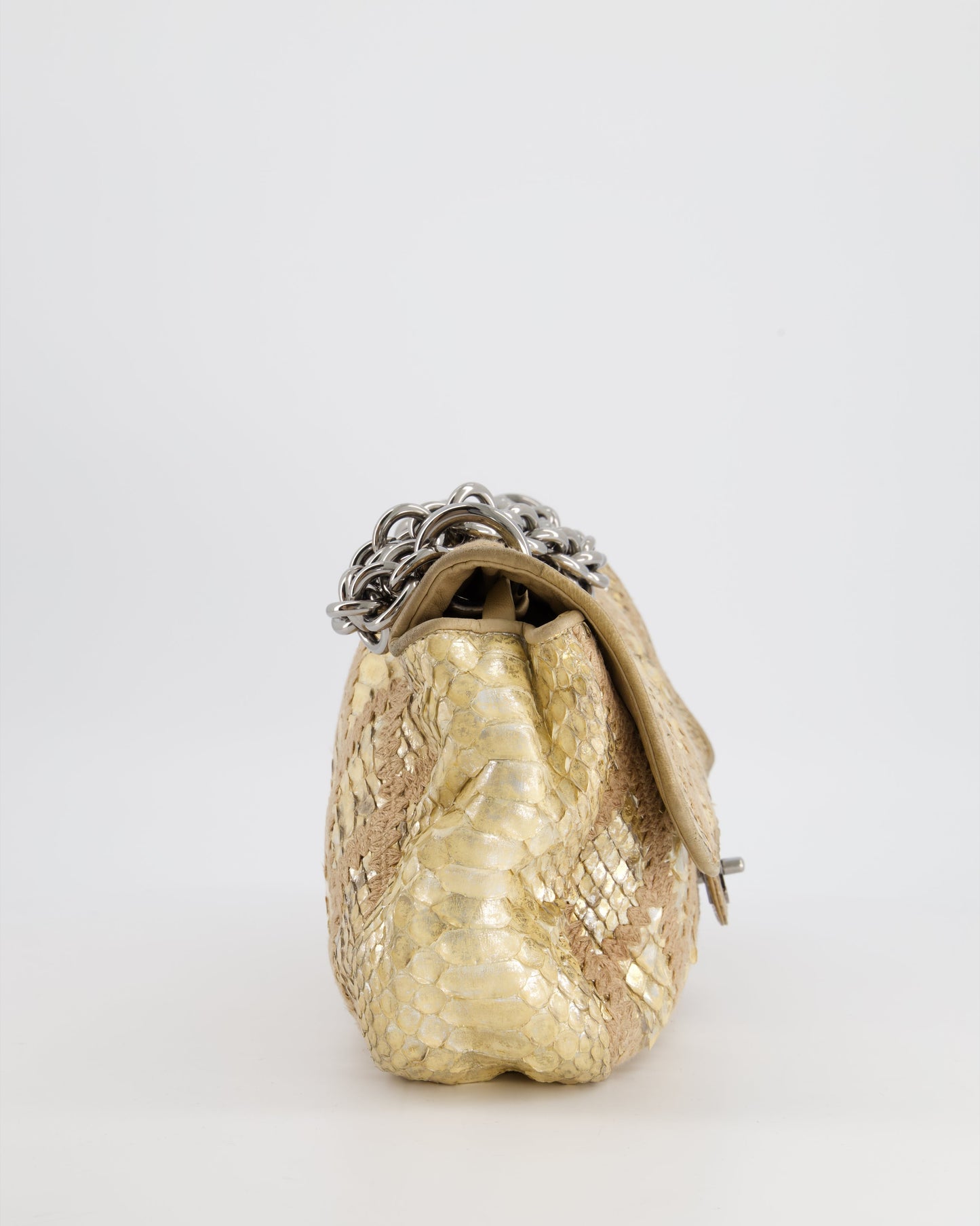 Chanel Beige and Gold Python and Crochet Flap Shoulder Bag with Ruthenium Hardware and Large Chain Strap