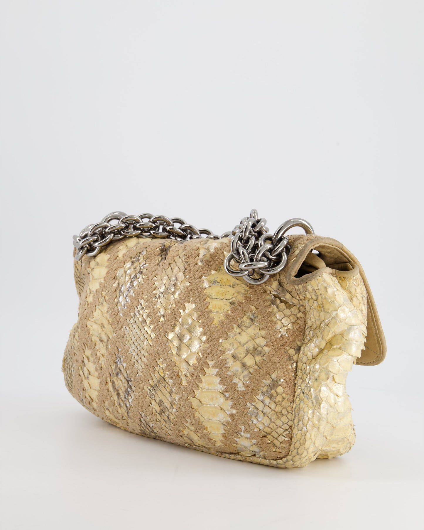 Chanel Beige and Gold Python and Crochet Flap Shoulder Bag with Ruthenium Hardware and Large Chain Strap