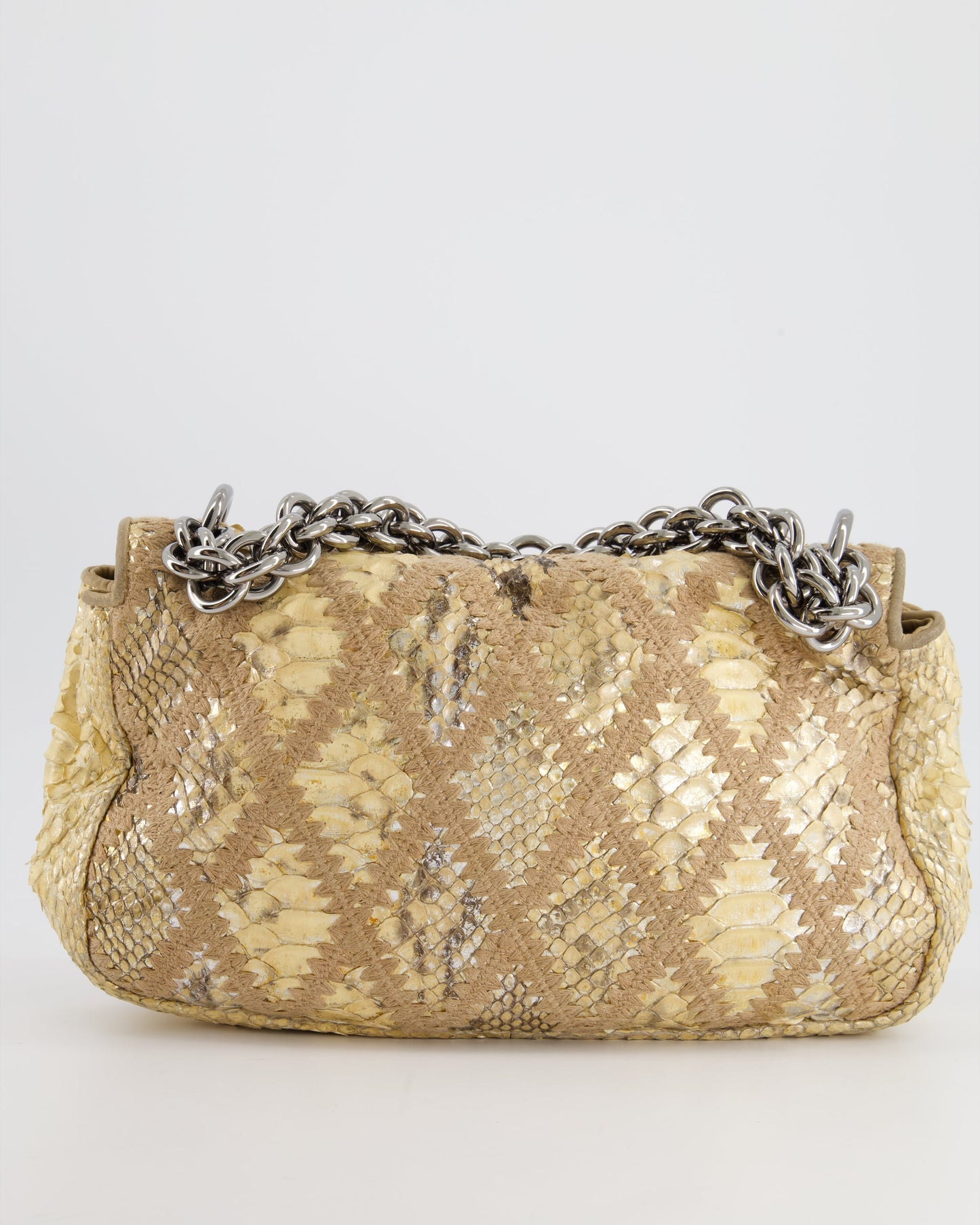 Chanel Beige and Gold Python and Crochet Flap Shoulder Bag with Ruthenium Hardware and Large Chain Strap