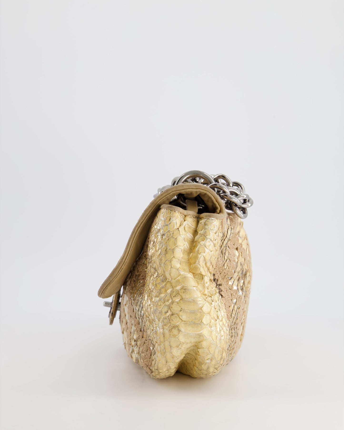 Chanel Beige and Gold Python and Crochet Flap Shoulder Bag with Ruthenium Hardware and Large Chain Strap