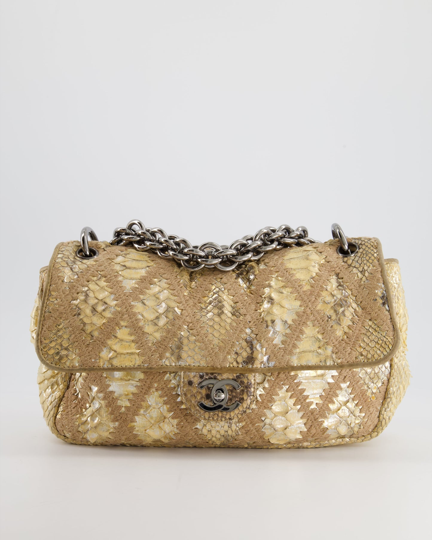 Chanel Beige and Gold Python and Crochet Flap Shoulder Bag with Ruthenium Hardware and Large Chain Strap