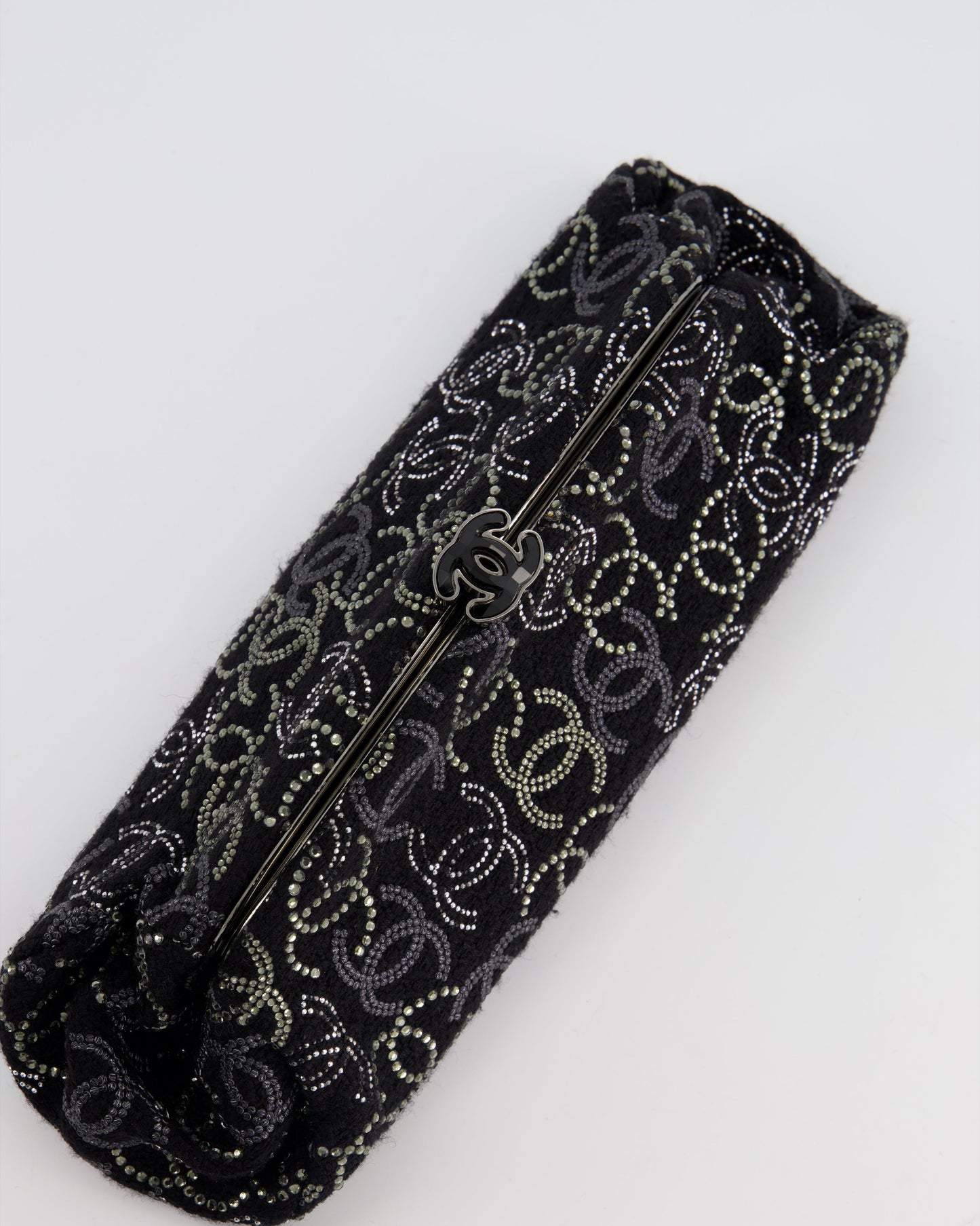 Chanel Black Timeless Clutch Bag in Fabric with Gunmetal Hardware and Crystal Logo Details