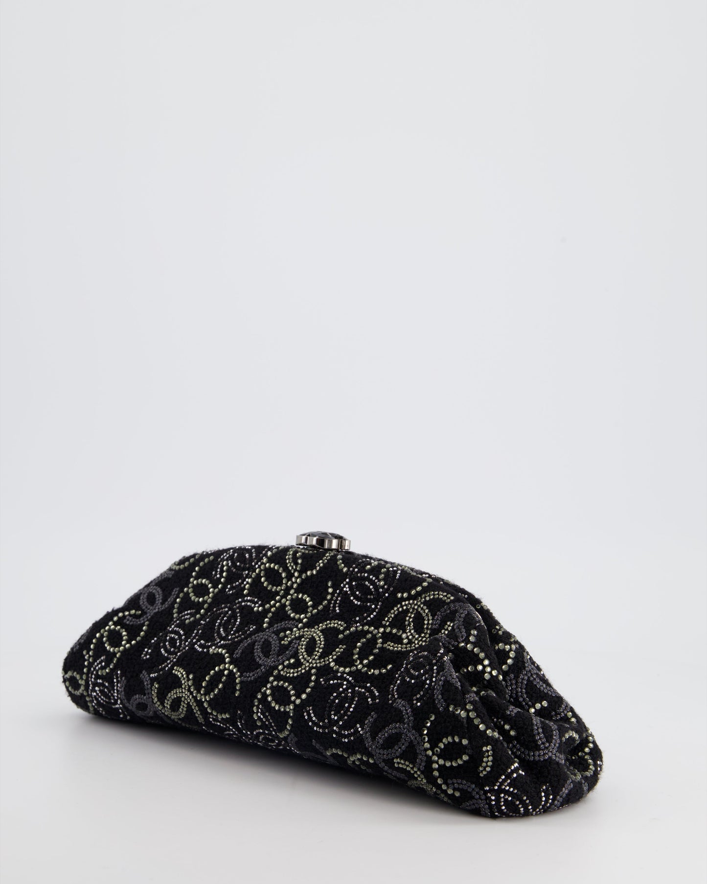 Chanel Black Timeless Clutch Bag in Fabric with Gunmetal Hardware and Crystal Logo Details