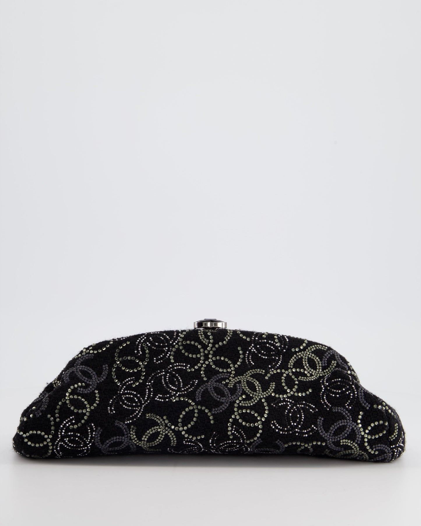 Chanel Black Timeless Clutch Bag in Fabric with Gunmetal Hardware and Crystal Logo Details
